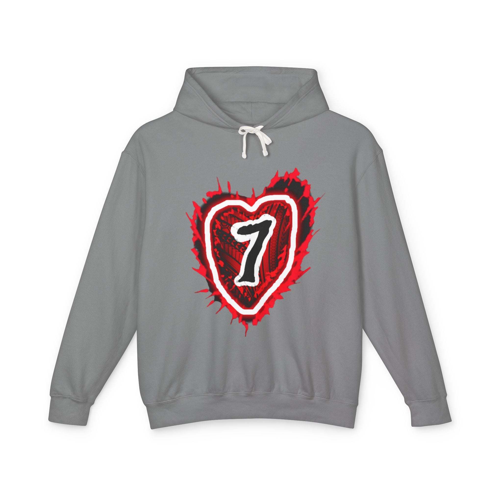 Heart Number 7 Hoodie — Red Grunge Heart Graphic Lightweight Sweatshirt