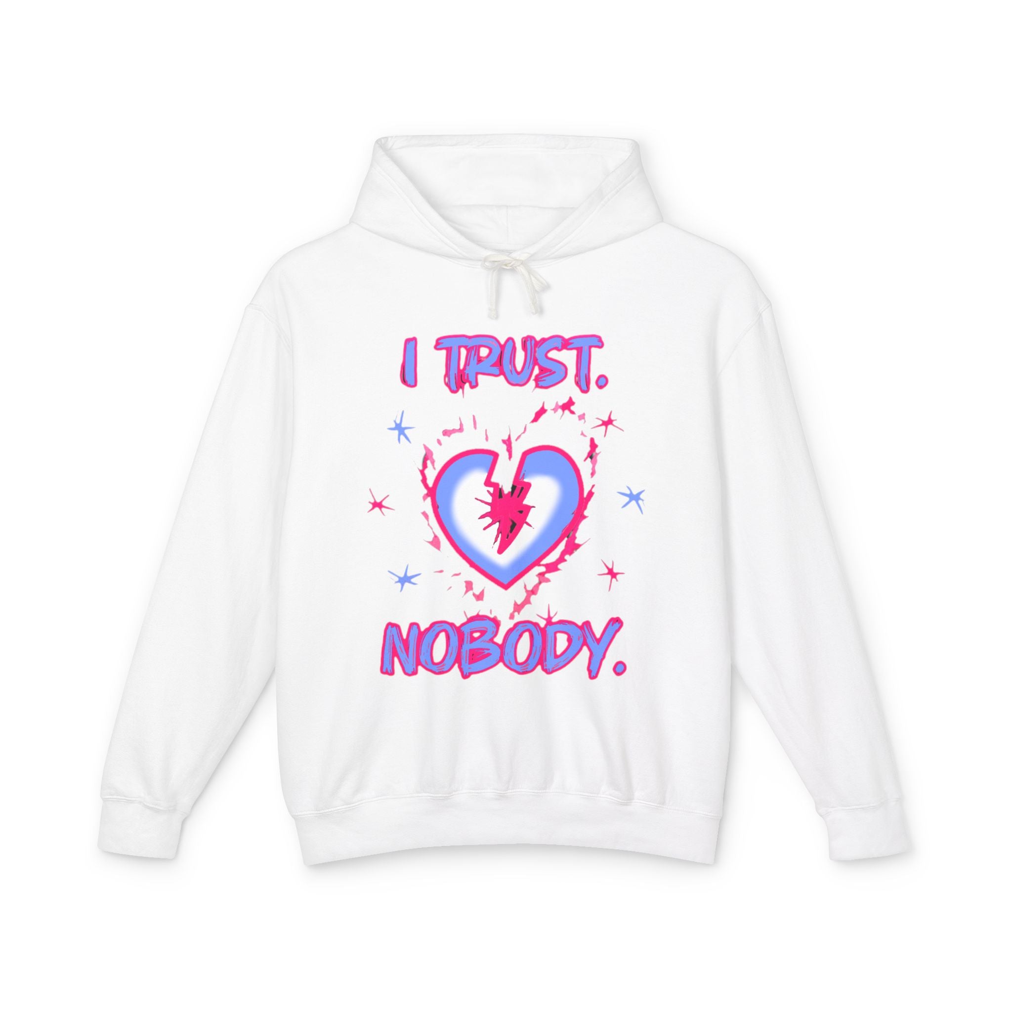 I Trust Nobody Hoodie — Neon Pink and Blue Broken Heart Graphic Hooded Sweatshirt