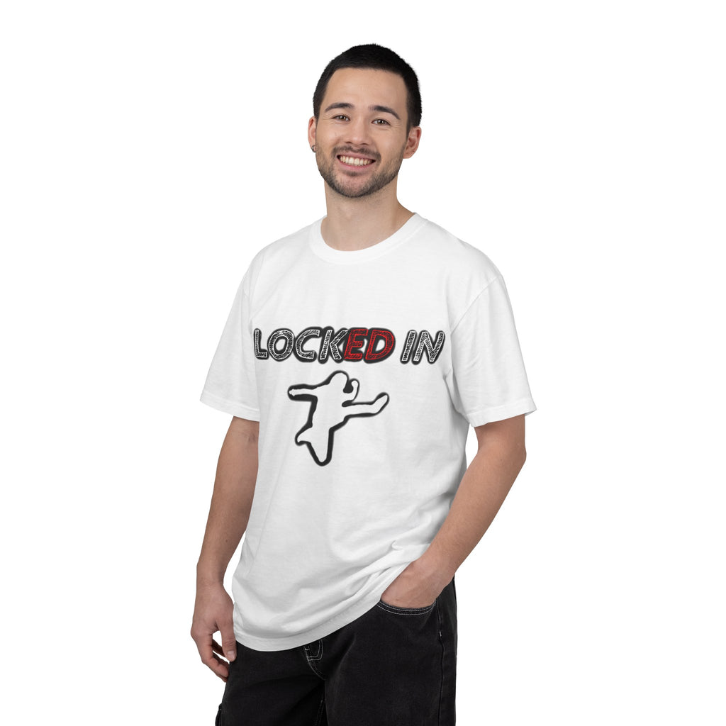 Locked In Graphic T-Shirt — "LOCKED IN" Bold Text with Silhouette & Red Star Back Design
