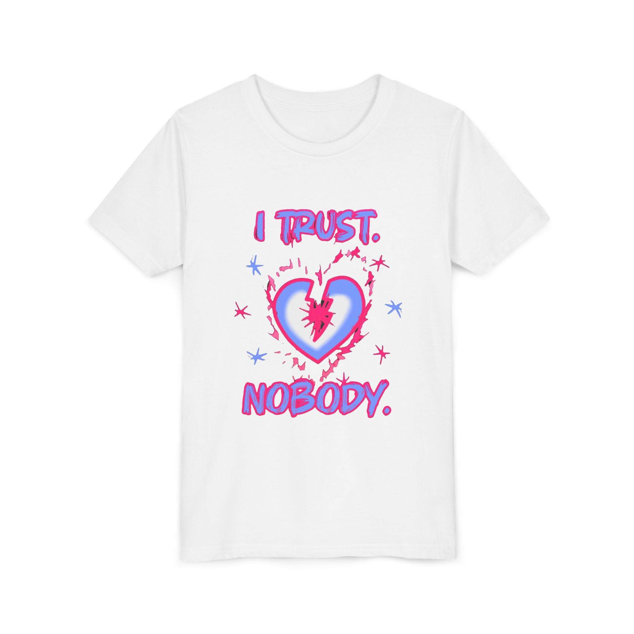 Youth Tee - 'I Trust Nobody' Neon Pink and Blue Broken Heart Graphic
