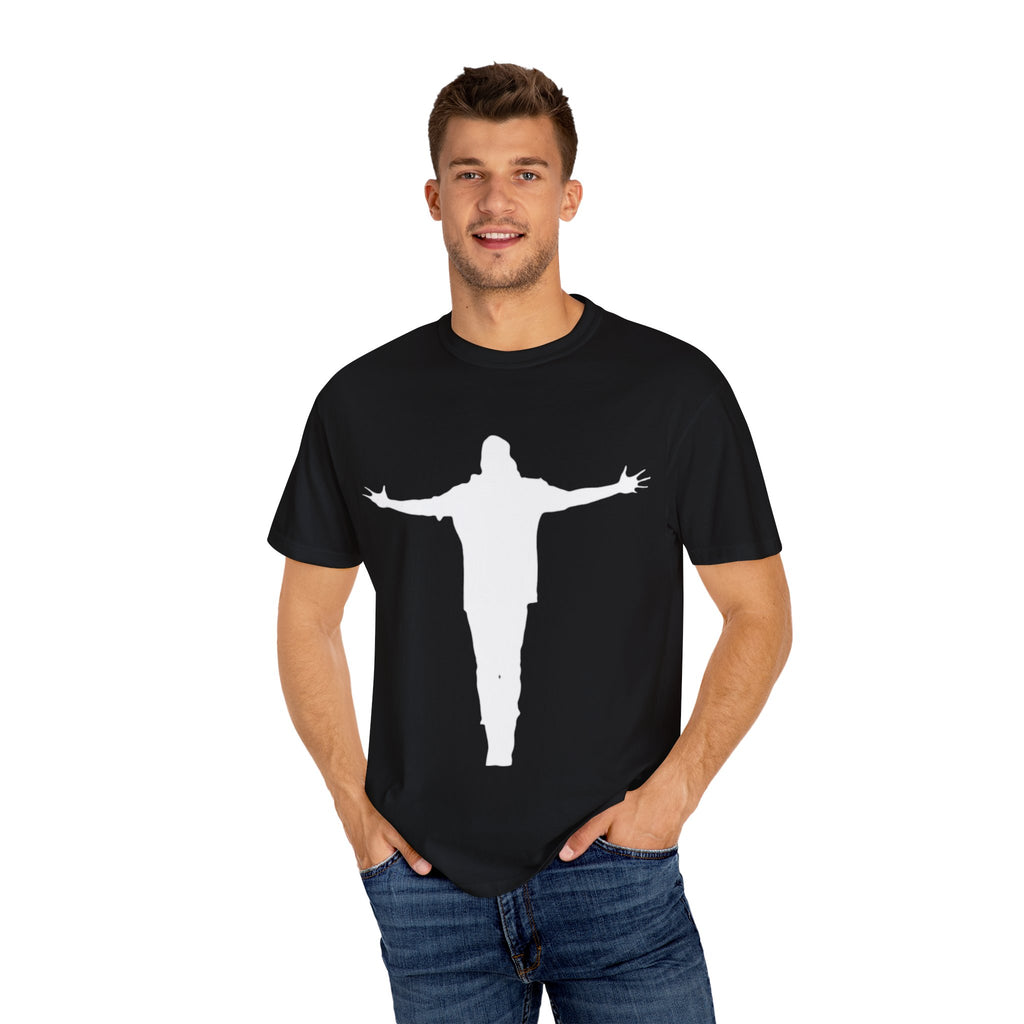 Cruciform Silhouette T-Shirt — Minimalist Jesus Outline Graphic Tee