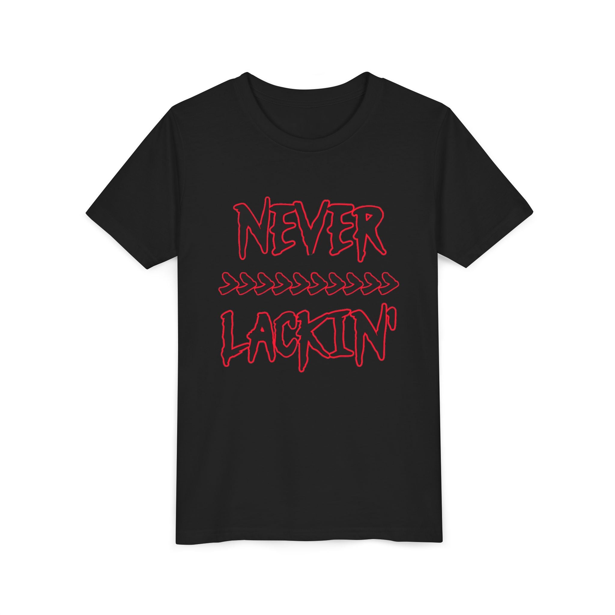 Youth Tee — "Never Lackin'" Graphic Tee (Red Distressed Stars)