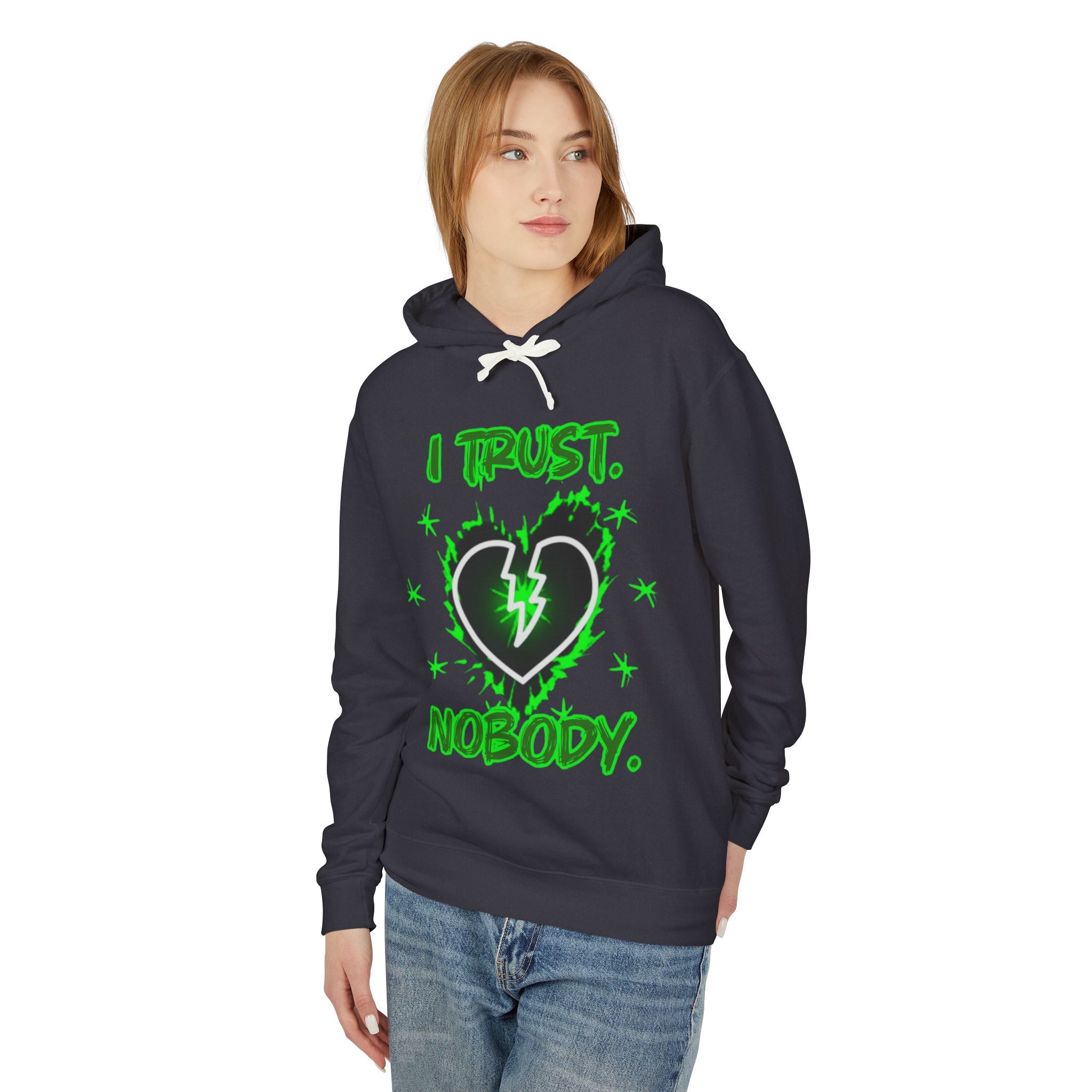 I Trust Nobody Hoodie — Neon Green Broken Heart Graphic Hooded Sweatshirt
