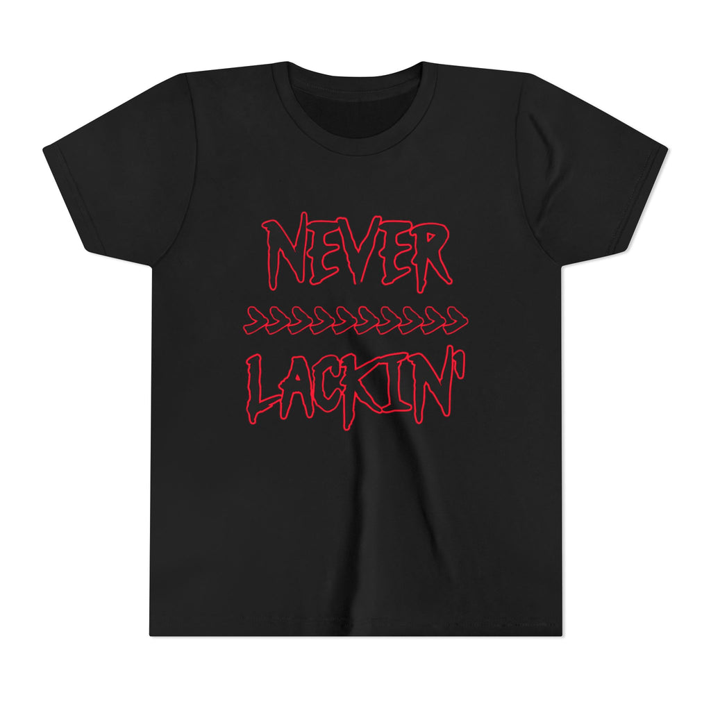 Youth Tee — "Never Lackin'" Graphic Tee (Red Distressed Stars)