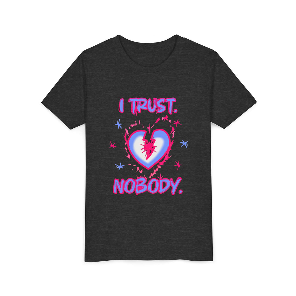 Youth Tee - 'I Trust Nobody' Neon Pink and Blue Broken Heart Graphic