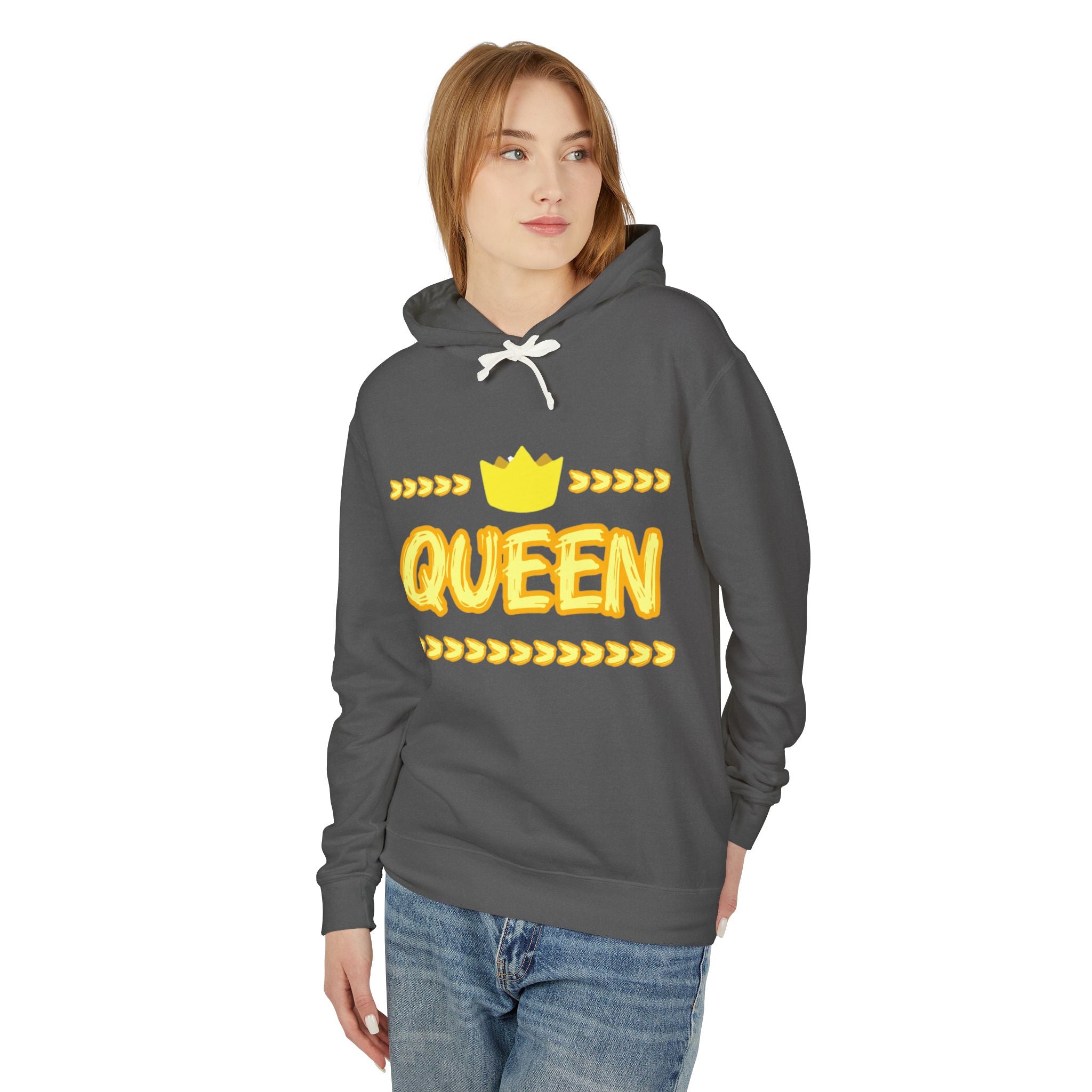 Queen Graphic Hoodie – Yellow Crown "QUEEN" Lightweight Sweatshirt
