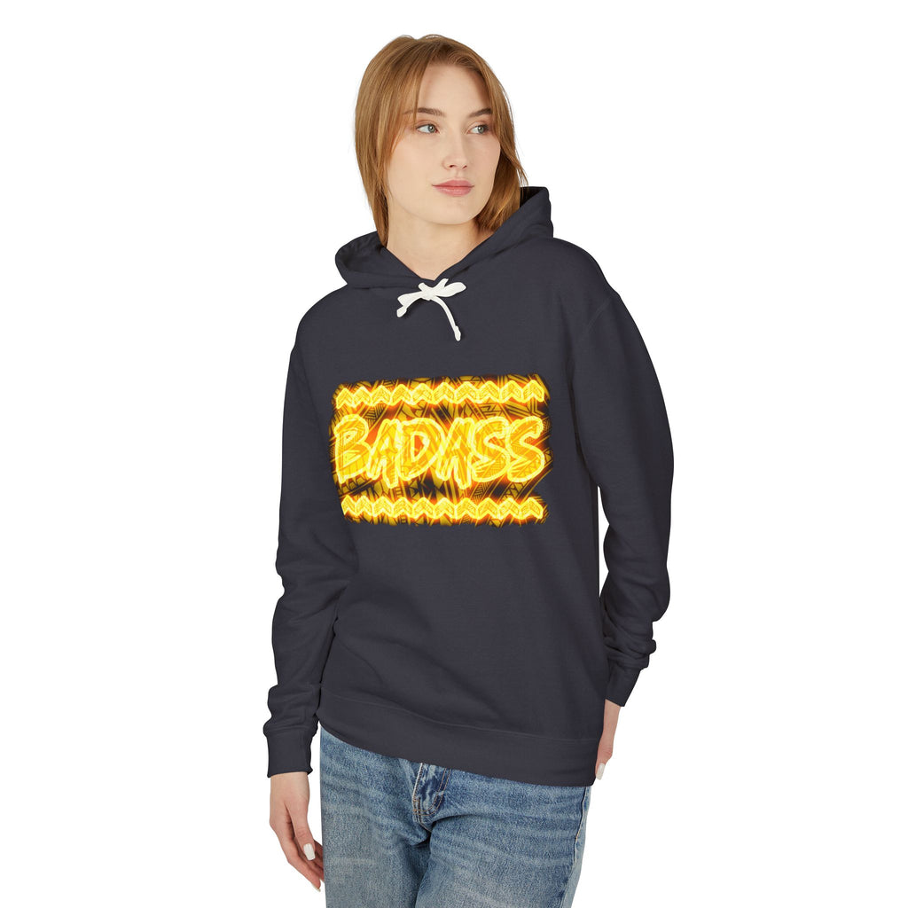 Badass Flame Graphic Hoodie — Bold Retro Fire Text Lightweight Hooded Sweatshirt