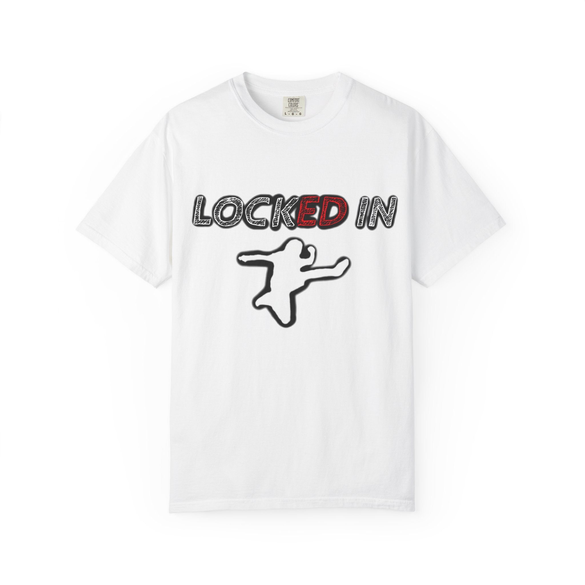 Locked In Graphic T-Shirt — "LOCKED IN" Bold Text with Silhouette & Red Star Back Design