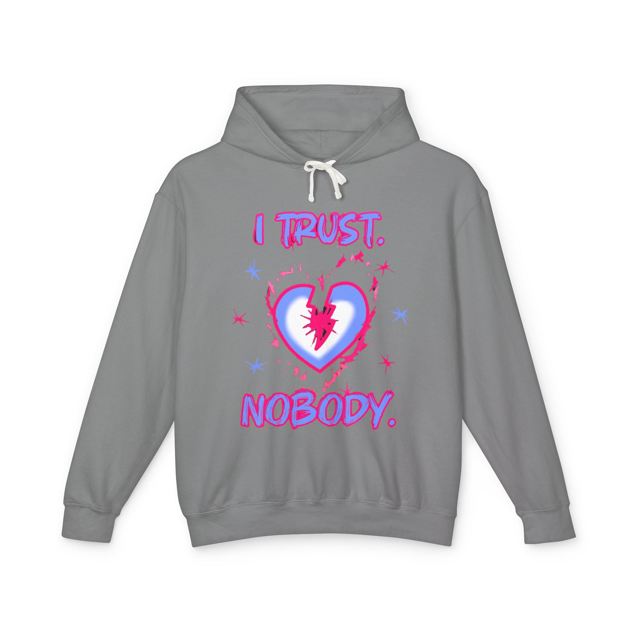 I Trust Nobody Hoodie — Neon Pink and Blue Broken Heart Graphic Hooded Sweatshirt