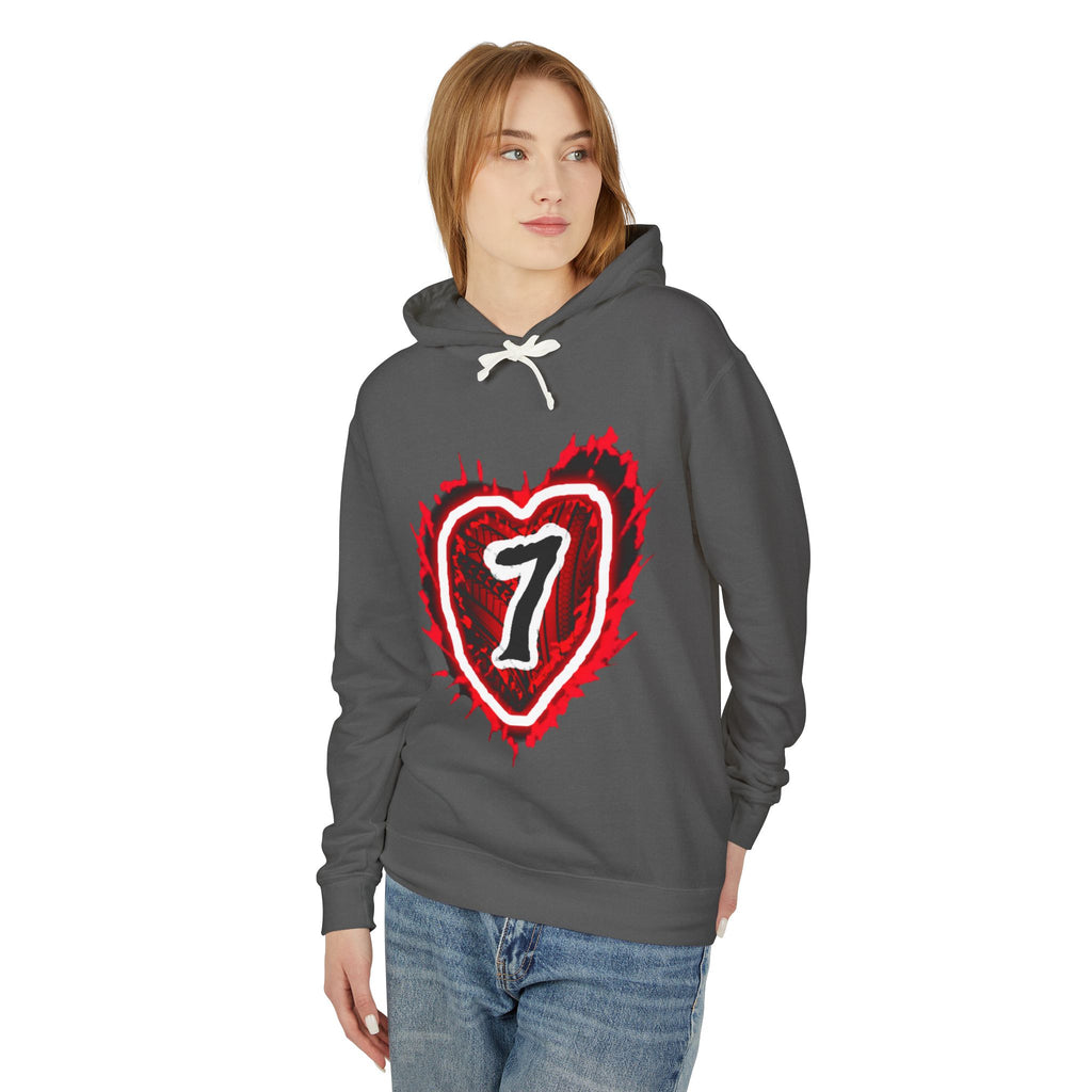 Heart Number 7 Hoodie — Red Grunge Heart Graphic Lightweight Sweatshirt