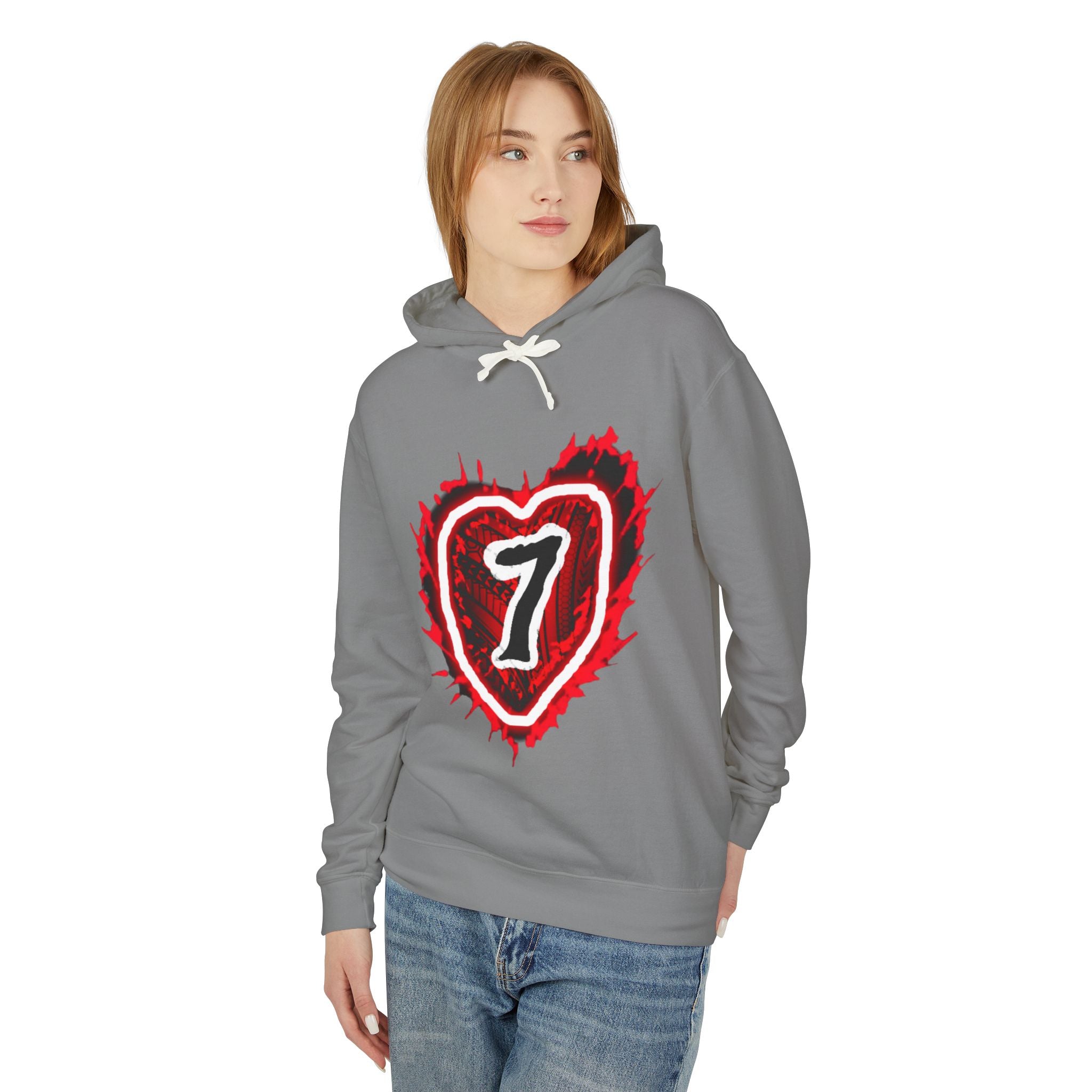 Heart Number 7 Hoodie — Red Grunge Heart Graphic Lightweight Sweatshirt