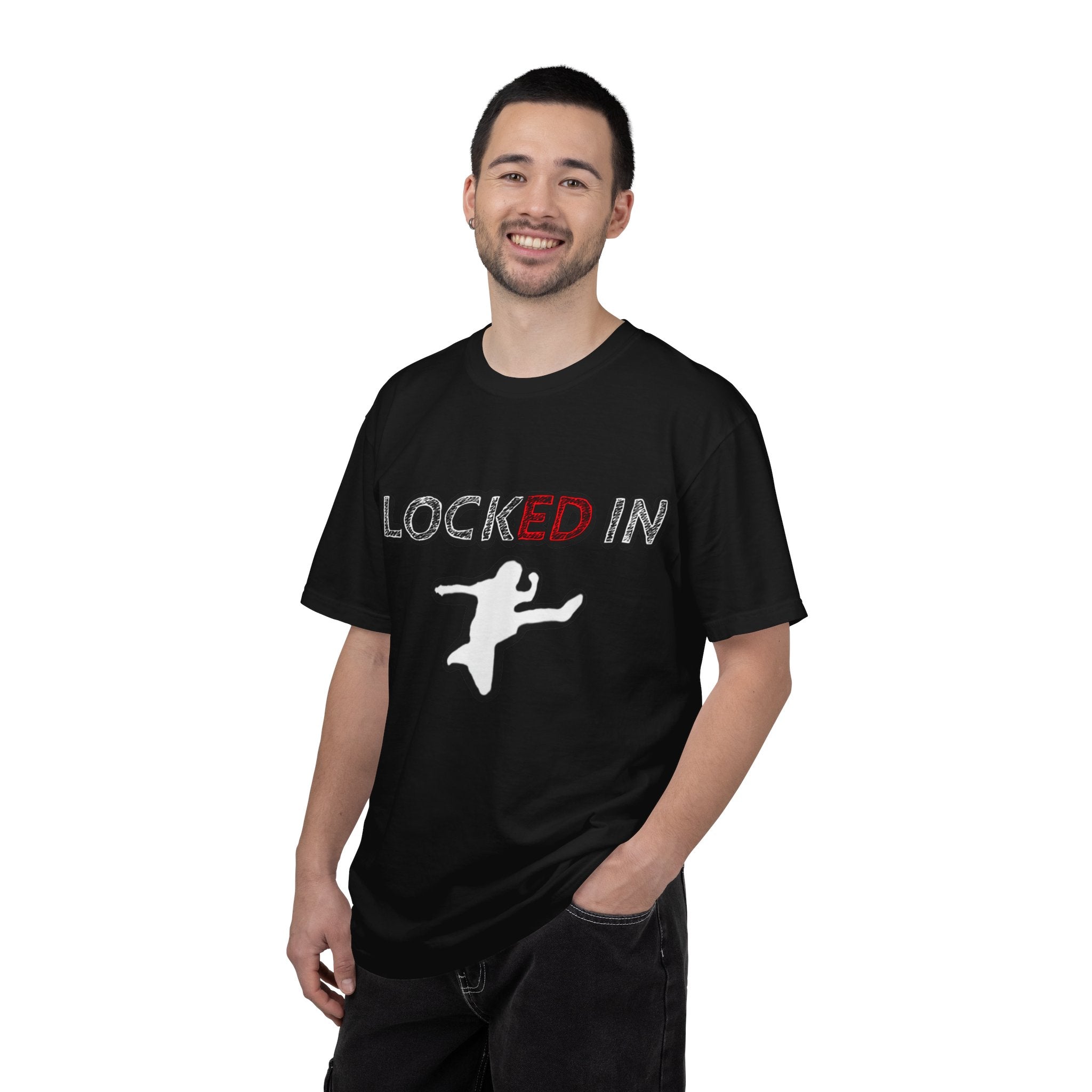 Locked In Graphic T-Shirt — "LOCKED IN" Bold Text with Silhouette & Red Star Back Design
