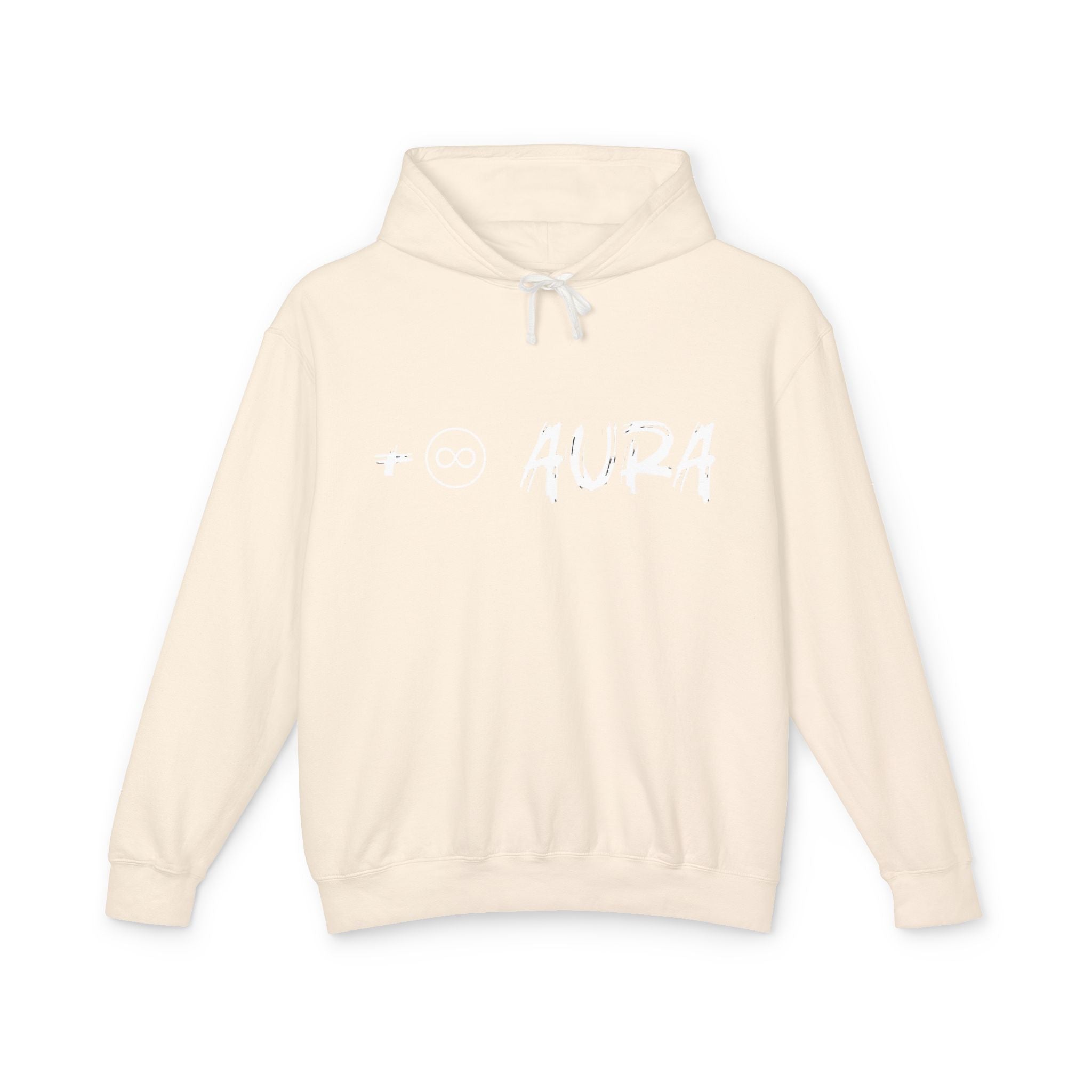 Aura Hoodie — Soft Cream Lightweight Hooded Sweatshirt with Subtle "aura" Script