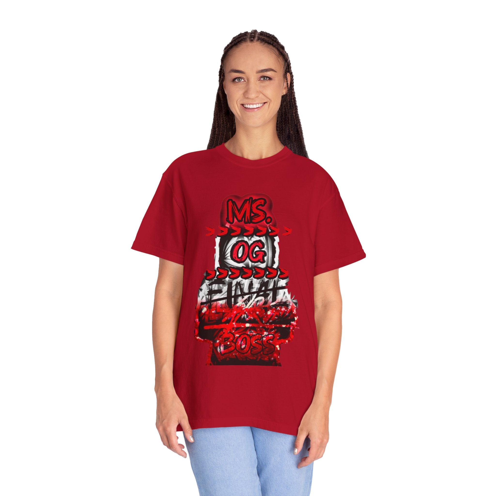 Ms. OG final Boss Graphic T-Shirt — Red Distressed Streetwear Tee