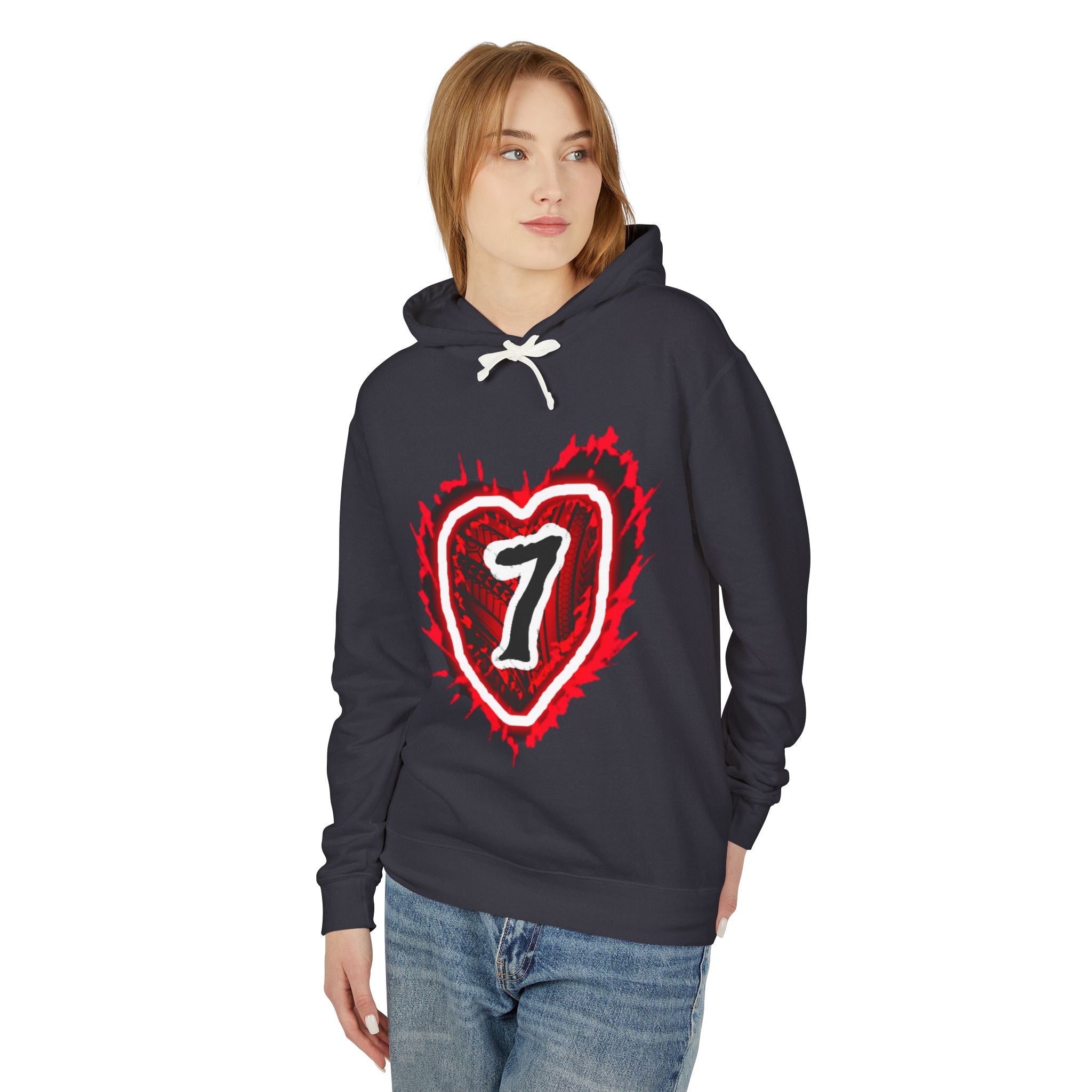 Heart Number 7 Hoodie — Red Grunge Heart Graphic Lightweight Sweatshirt