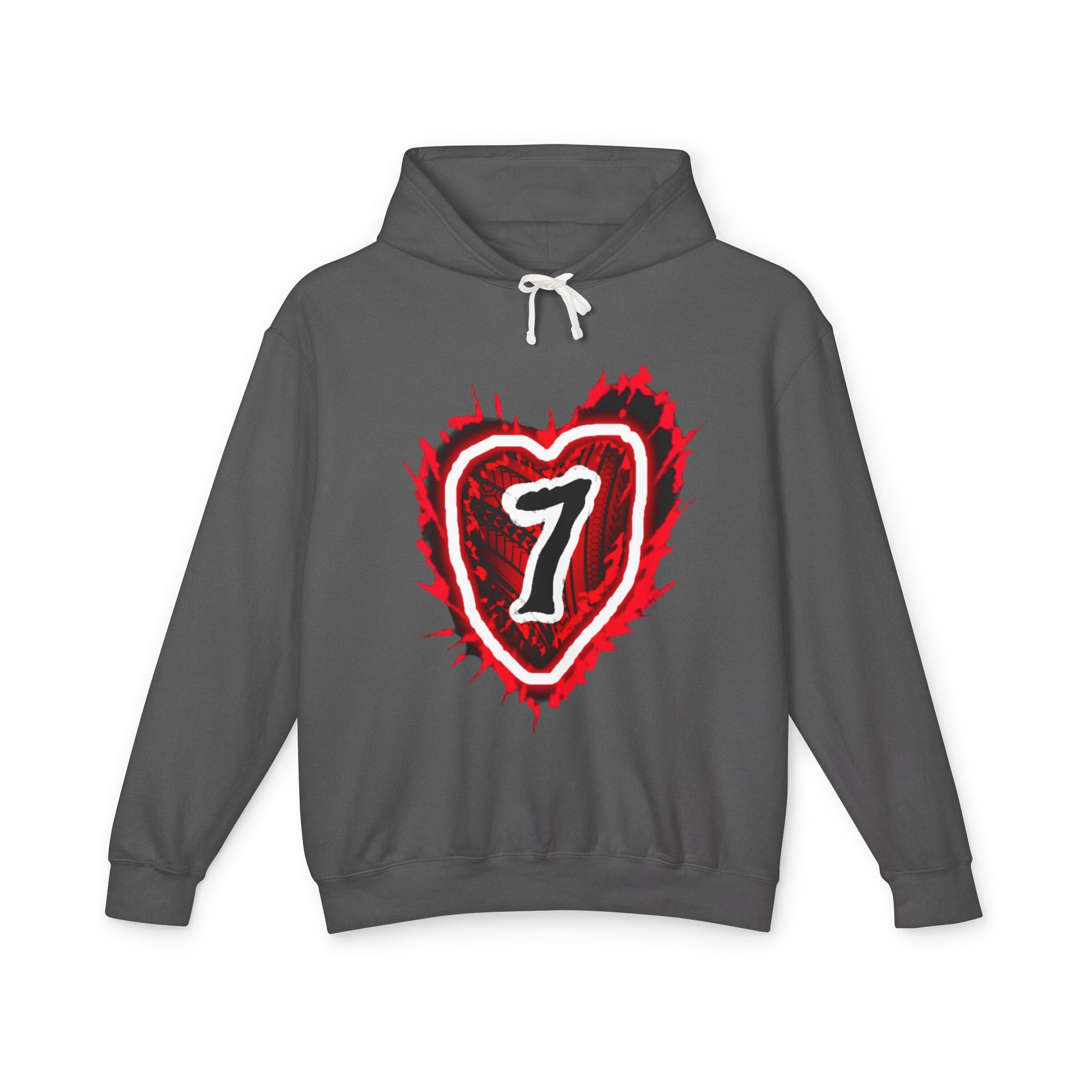 Heart Number 7 Hoodie — Red Grunge Heart Graphic Lightweight Sweatshirt