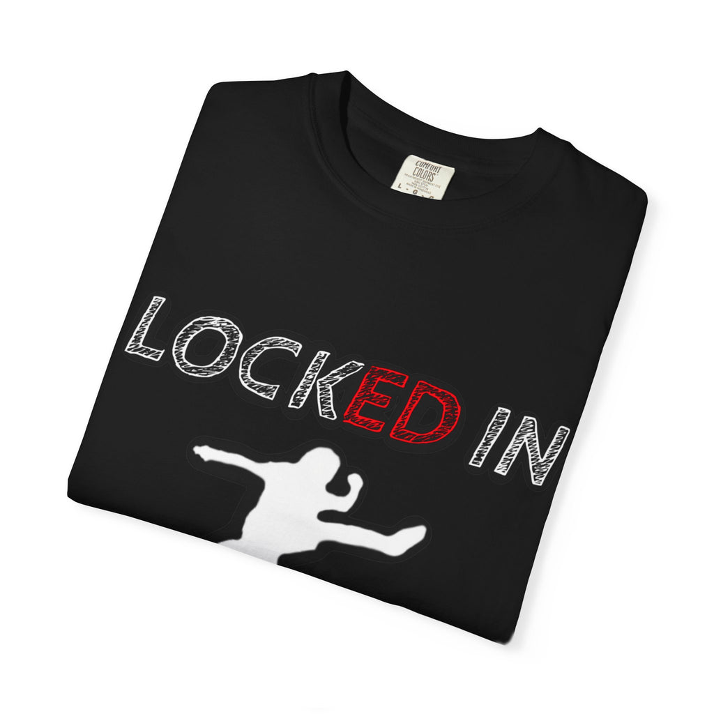 Locked In Graphic T-Shirt — "LOCKED IN" Bold Text with Silhouette & Red Star Back Design