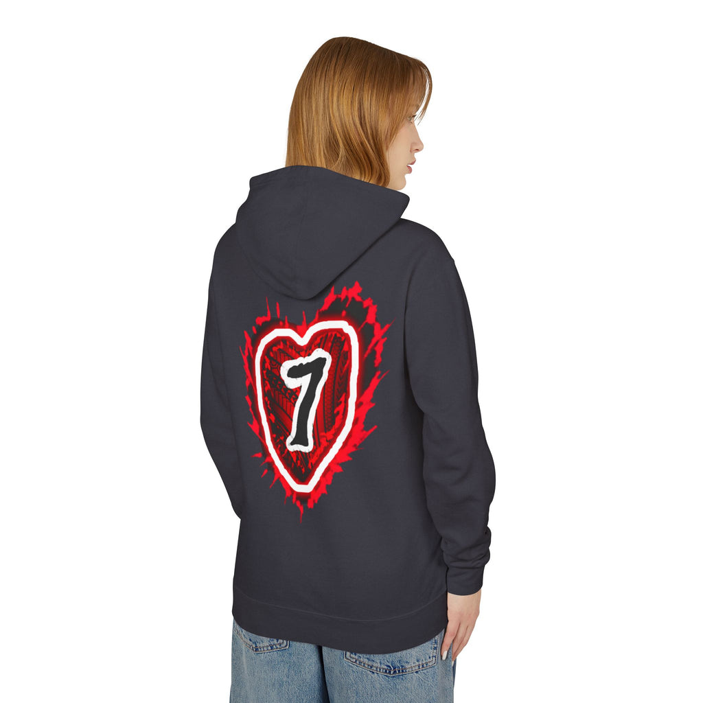 Heart Number 7 Hoodie — Red Grunge Heart Graphic Lightweight Sweatshirt