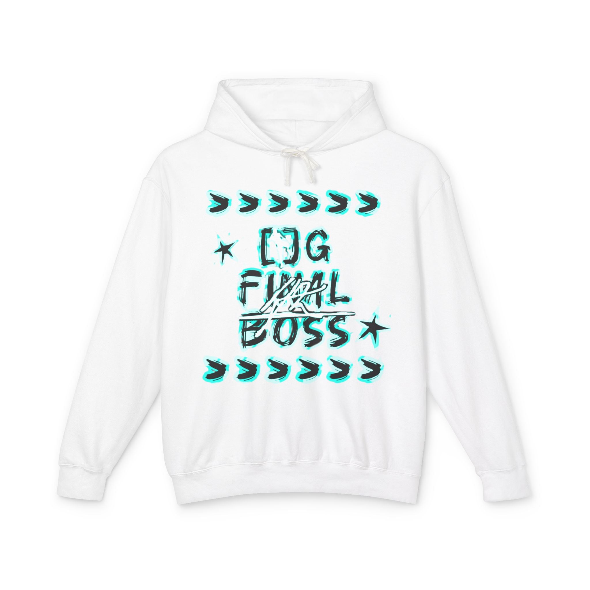 Hoodie — “OG Final Boss” Cyan Star Graphic Lightweight Hooded Sweatshirt