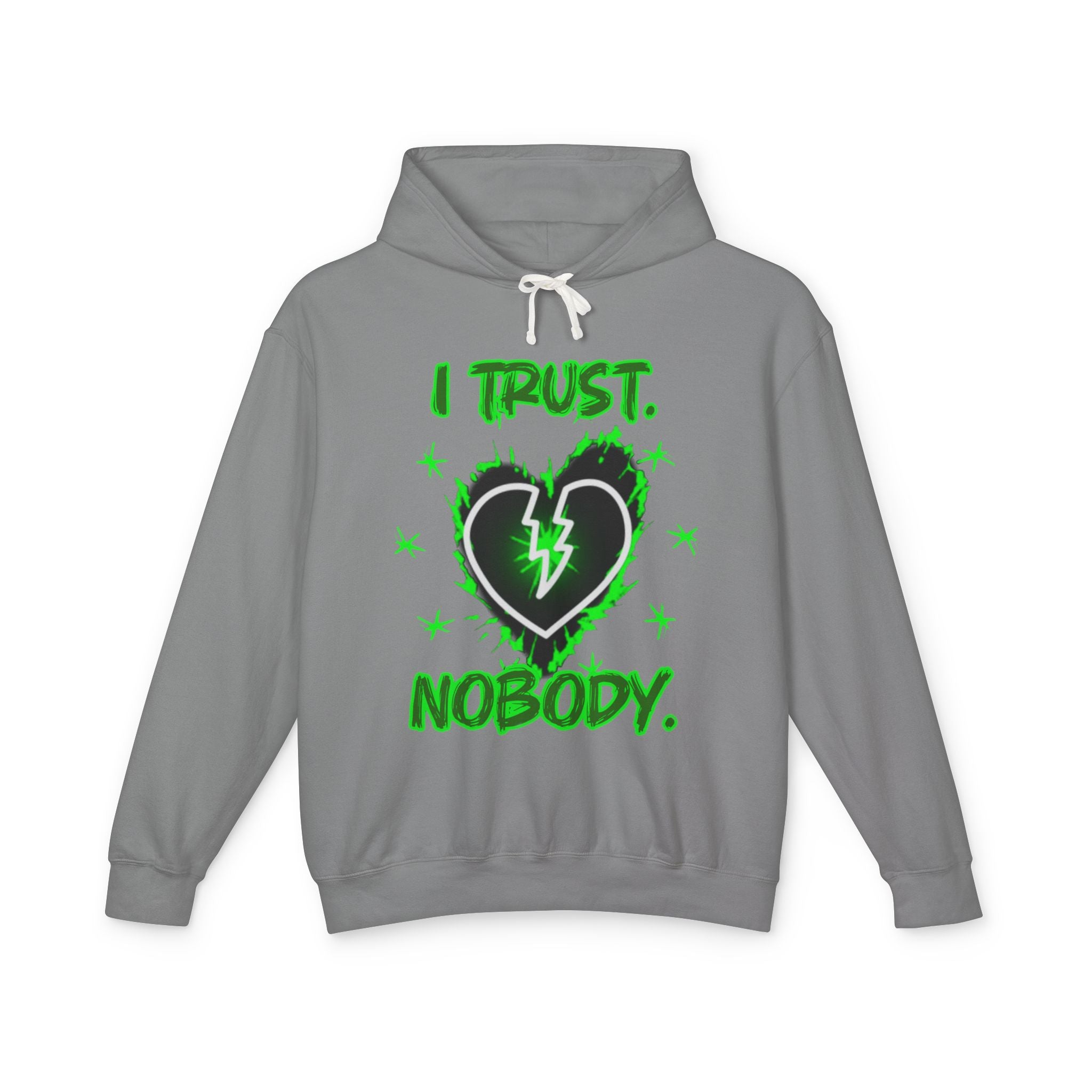 I Trust Nobody Hoodie — Neon Green Broken Heart Graphic Hooded Sweatshirt