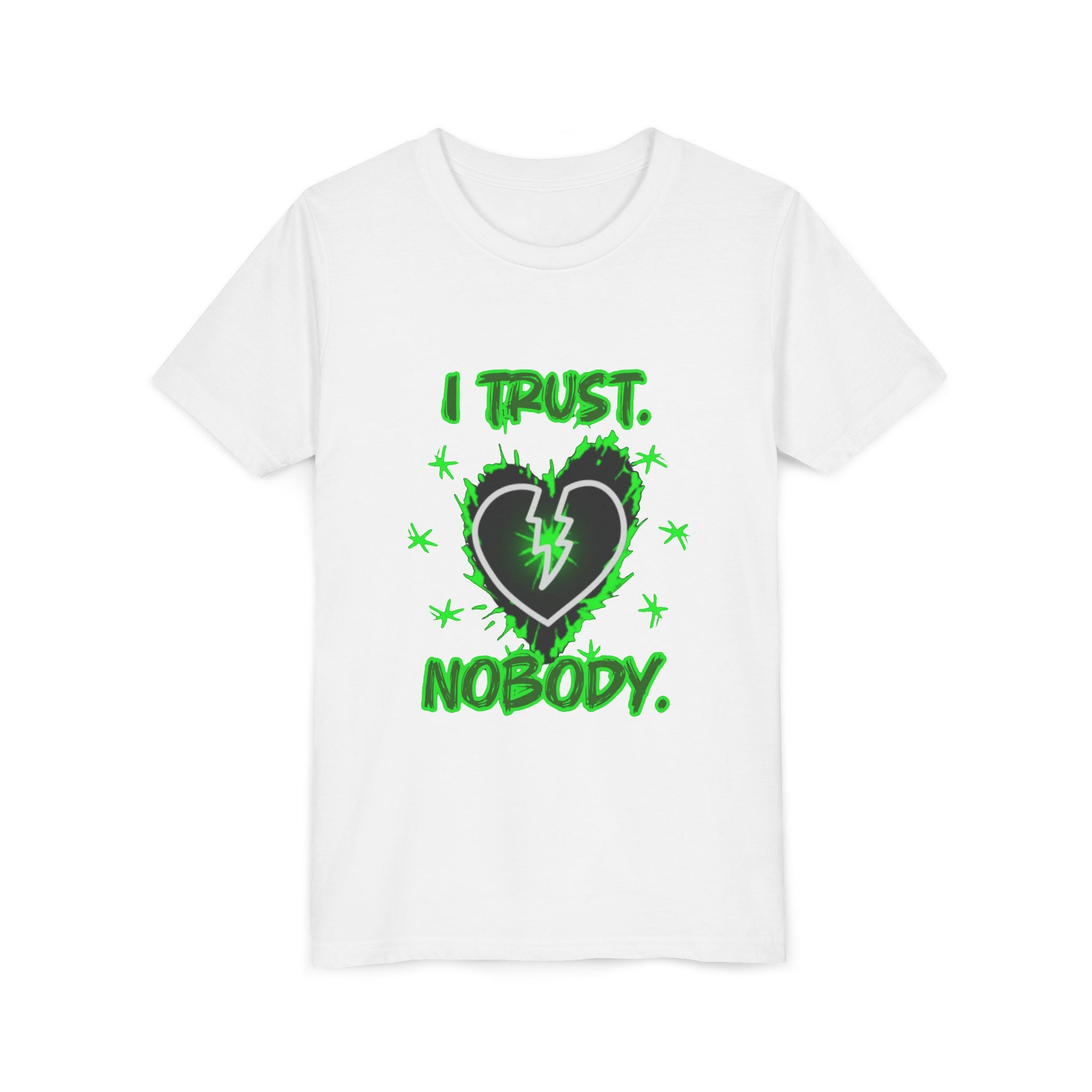 Youth Tee - 'I Trust Nobody' Neon Green Broken Heart Graphic