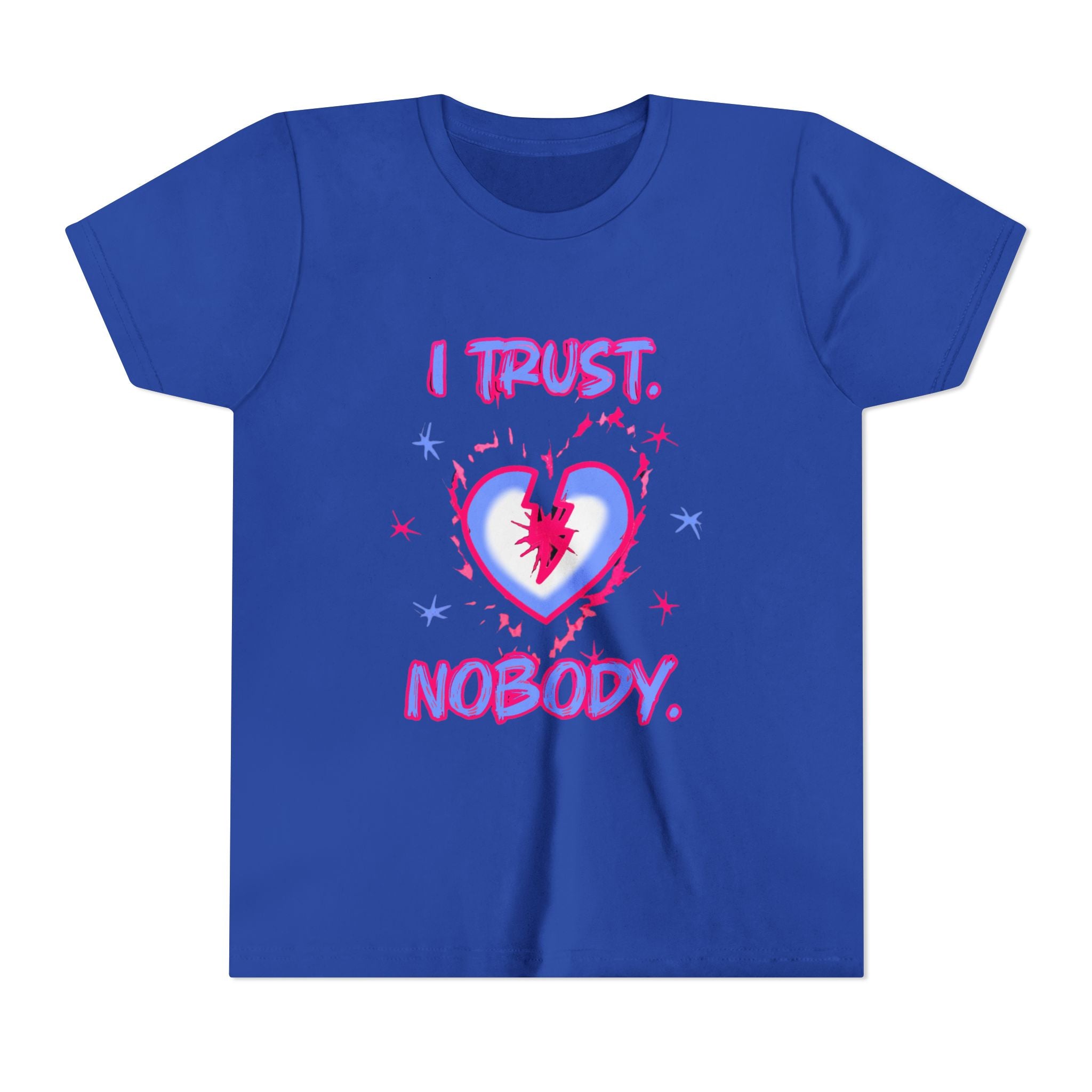 Youth Tee - 'I Trust Nobody' Neon Pink and Blue Broken Heart Graphic