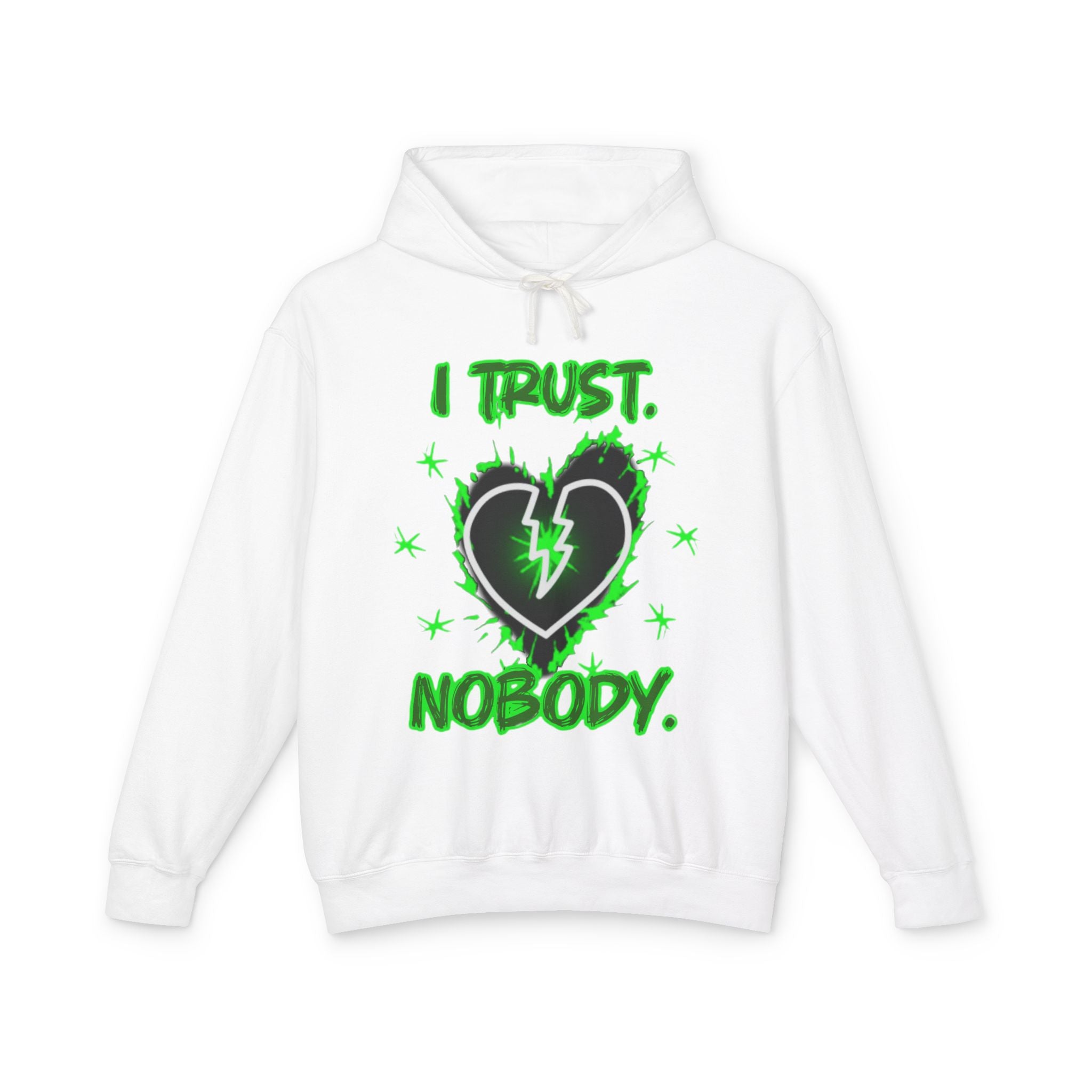 I Trust Nobody Hoodie — Neon Green Broken Heart Graphic Hooded Sweatshirt