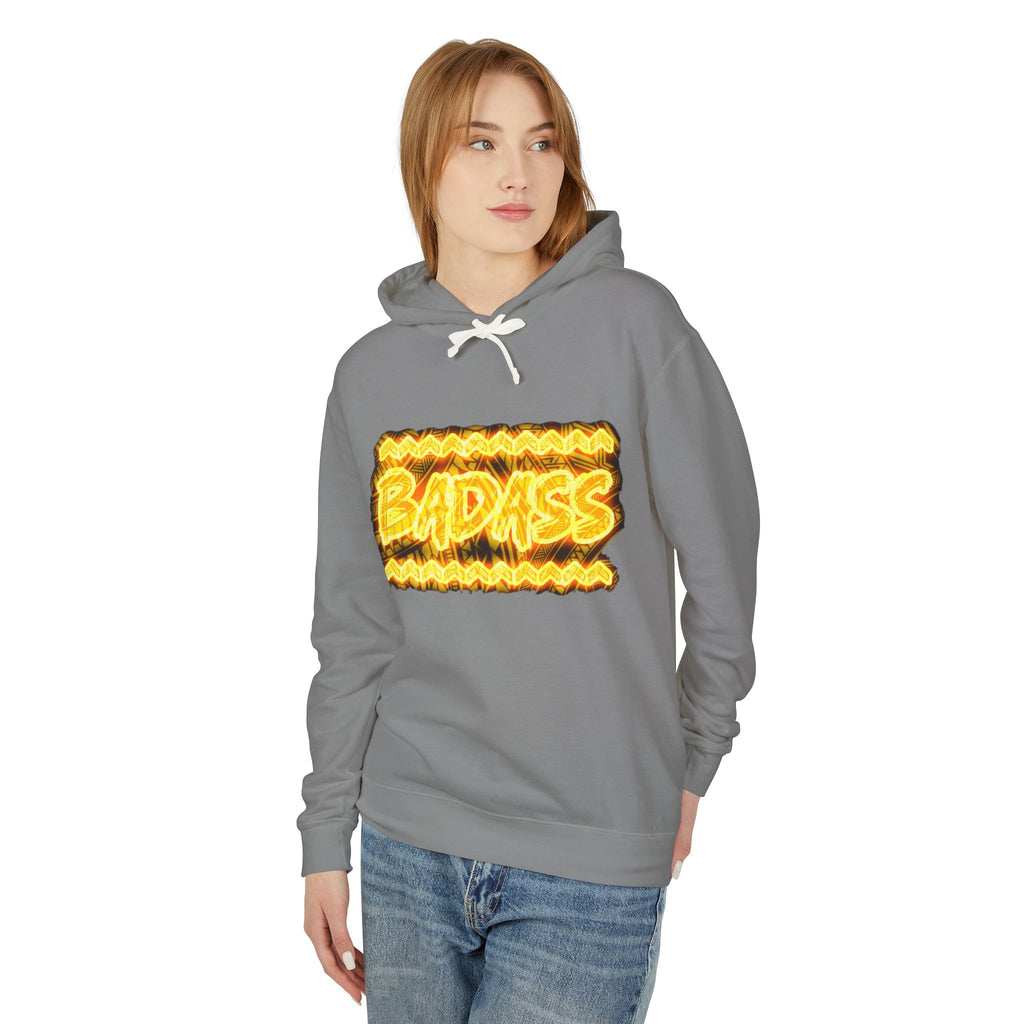 Badass Flame Graphic Hoodie — Bold Retro Fire Text Lightweight Hooded Sweatshirt