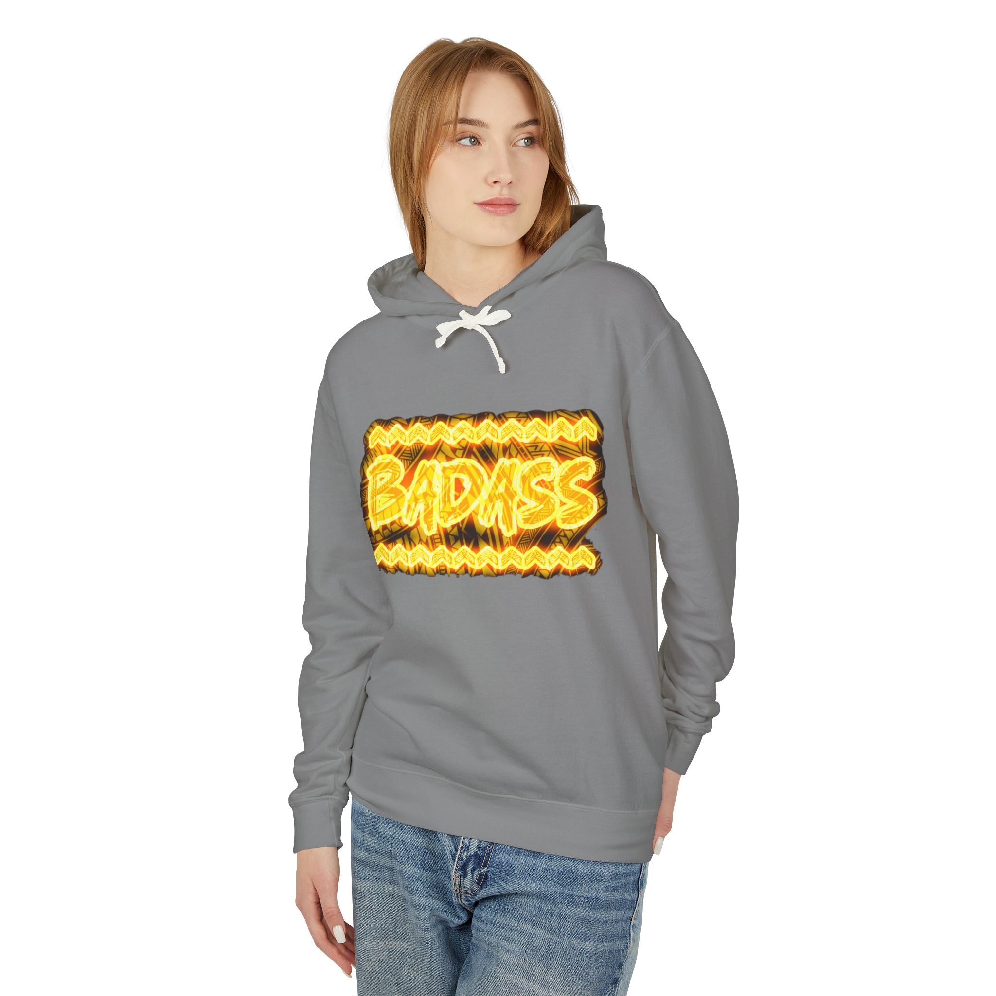 Badass Flame Graphic Hoodie — Bold Retro Fire Text Lightweight Hooded Sweatshirt