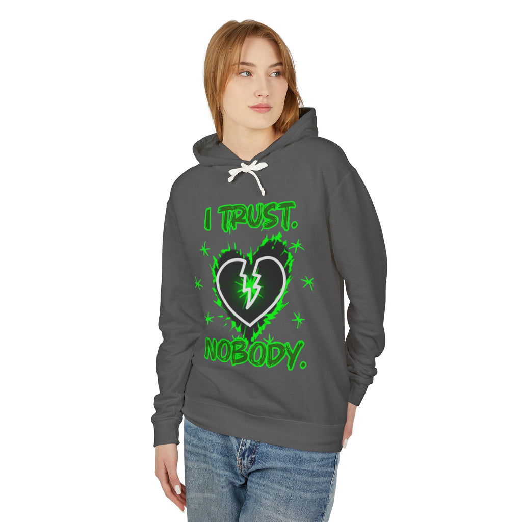 I Trust Nobody Hoodie — Neon Green Broken Heart Graphic Hooded Sweatshirt