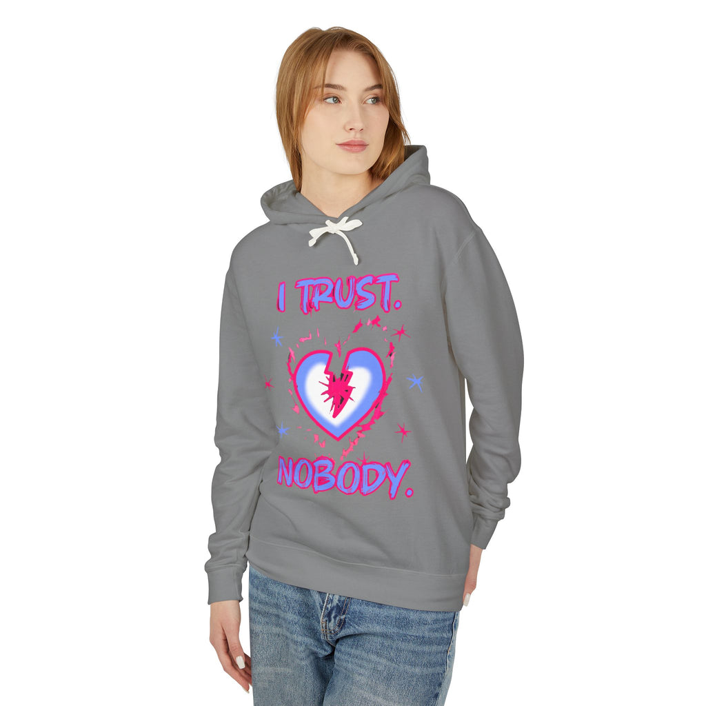 I Trust Nobody Hoodie — Neon Pink and Blue Broken Heart Graphic Hooded Sweatshirt