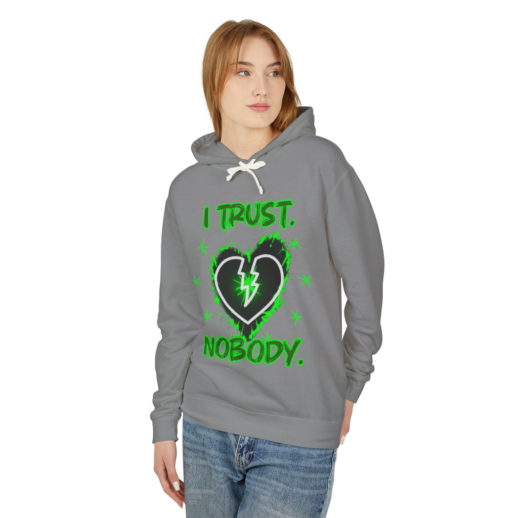 I Trust Nobody Hoodie — Neon Green Broken Heart Graphic Hooded Sweatshirt