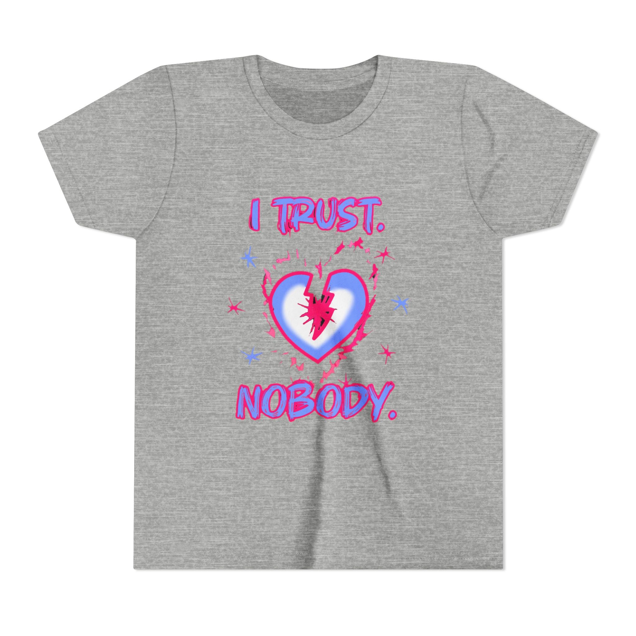 Youth Tee - 'I Trust Nobody' Neon Pink and Blue Broken Heart Graphic