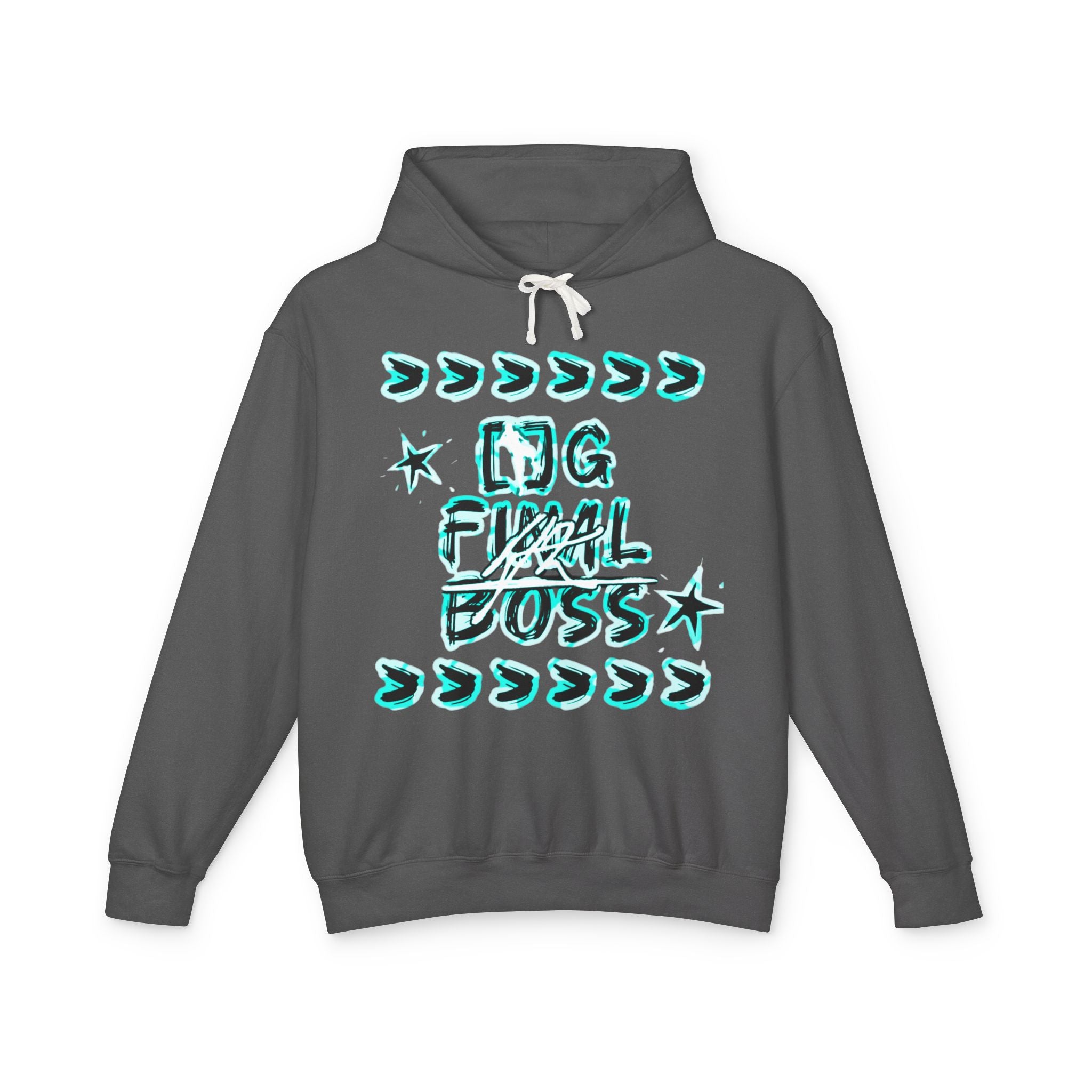 Hoodie — “OG Final Boss” Cyan Star Graphic Lightweight Hooded Sweatshirt