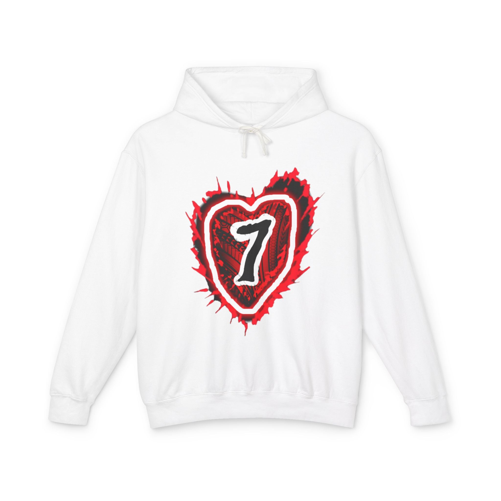 Heart Number 7 Hoodie — Red Grunge Heart Graphic Lightweight Sweatshirt