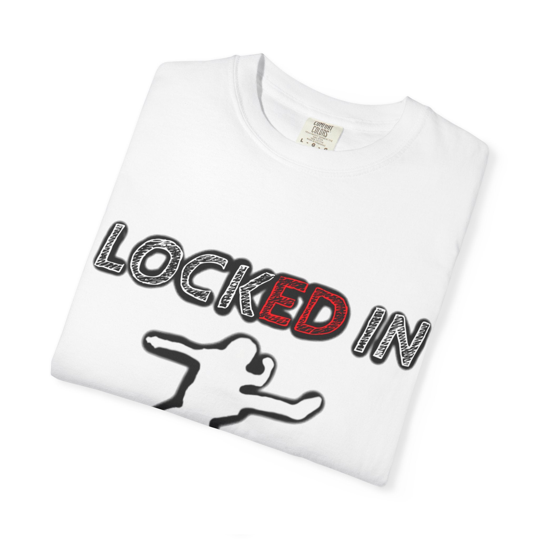 Locked In Graphic T-Shirt — "LOCKED IN" Bold Text with Silhouette & Red Star Back Design