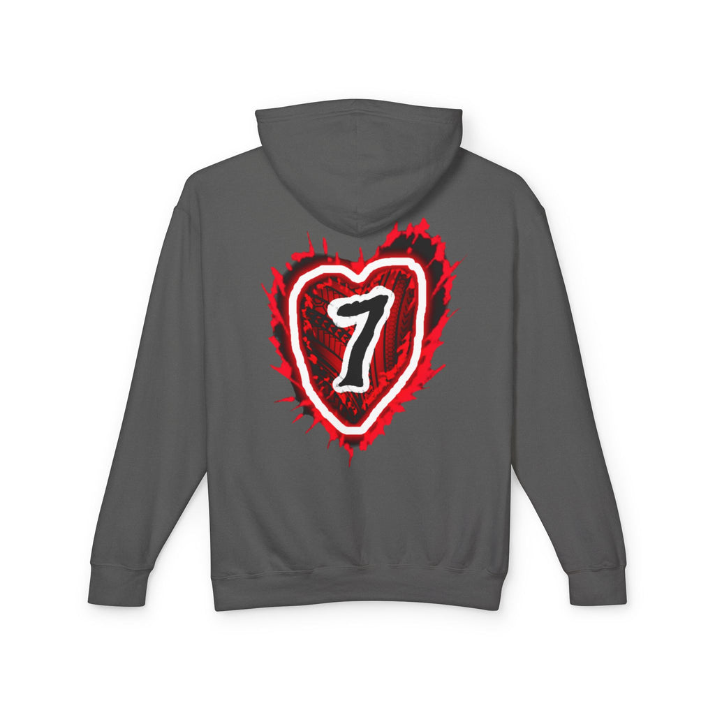 Heart Number 7 Hoodie — Red Grunge Heart Graphic Lightweight Sweatshirt