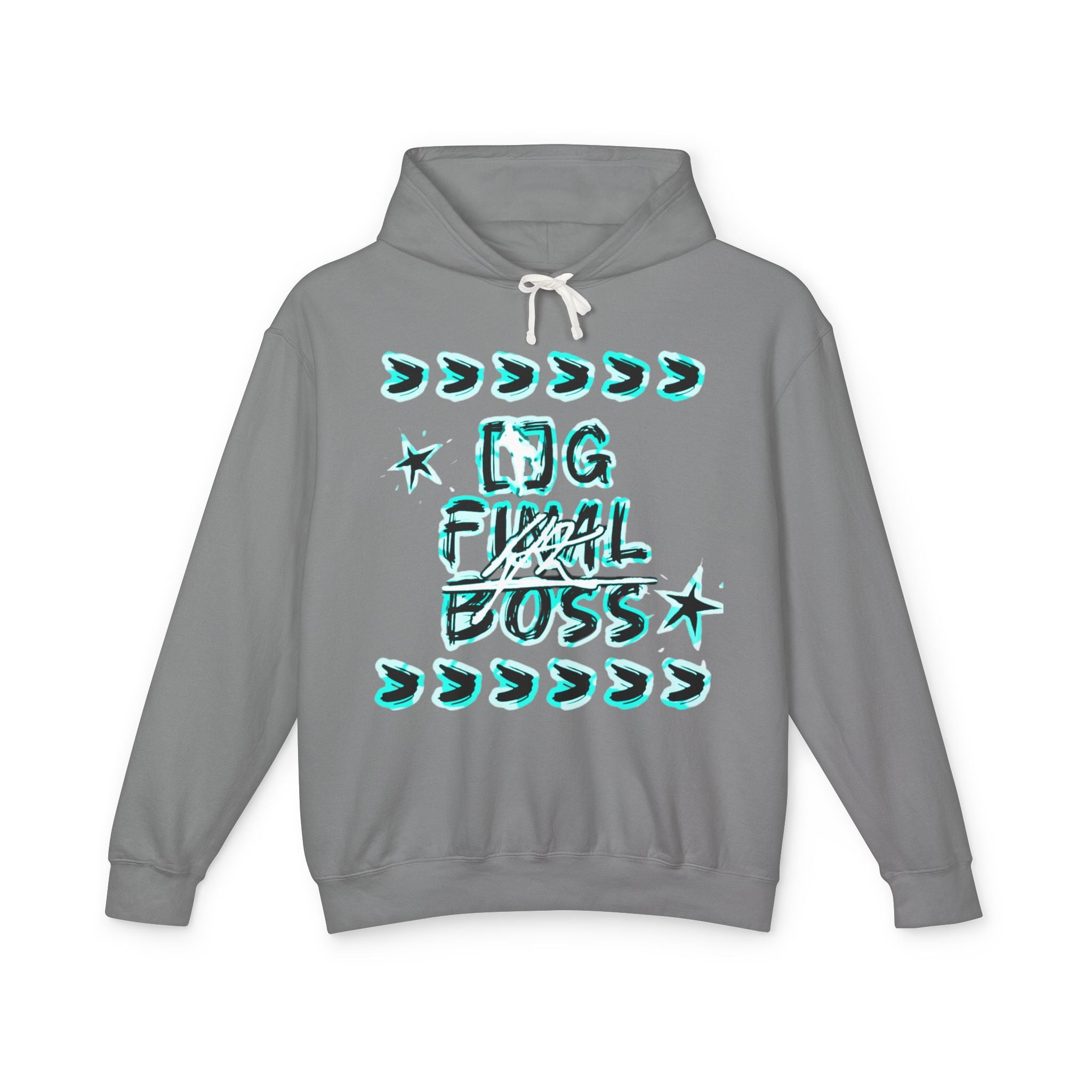Hoodie — “OG Final Boss” Cyan Star Graphic Lightweight Hooded Sweatshirt