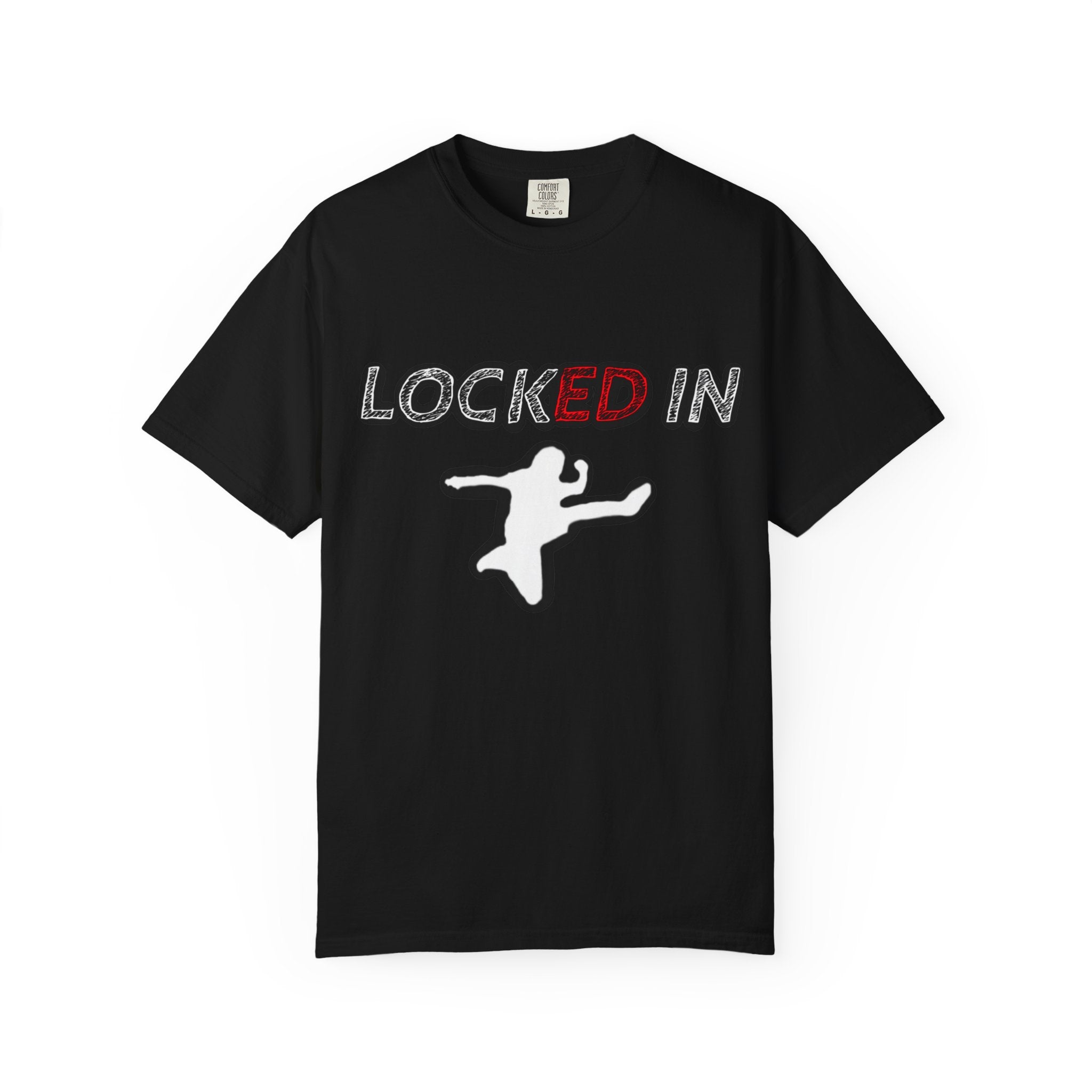 Locked In Graphic T-Shirt — "LOCKED IN" Bold Text with Silhouette & Red Star Back Design