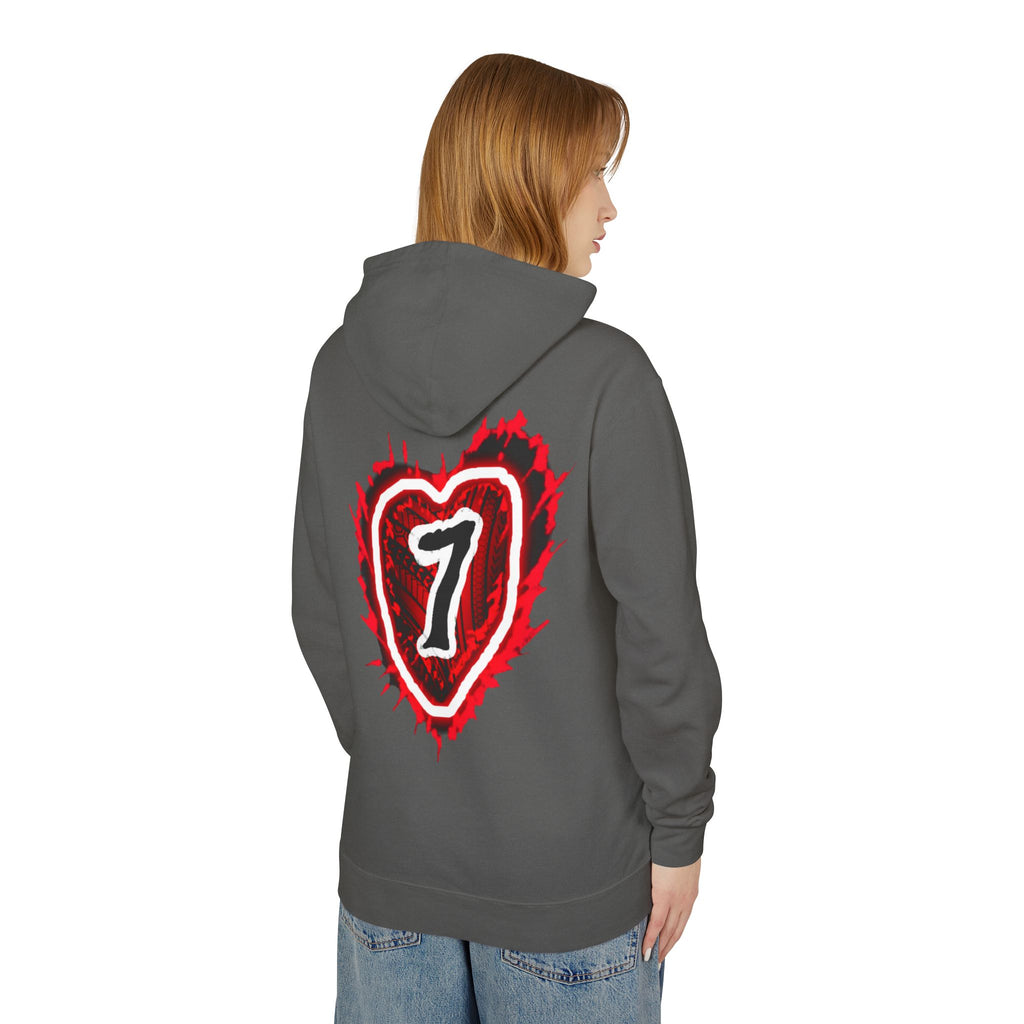 Heart Number 7 Hoodie — Red Grunge Heart Graphic Lightweight Sweatshirt
