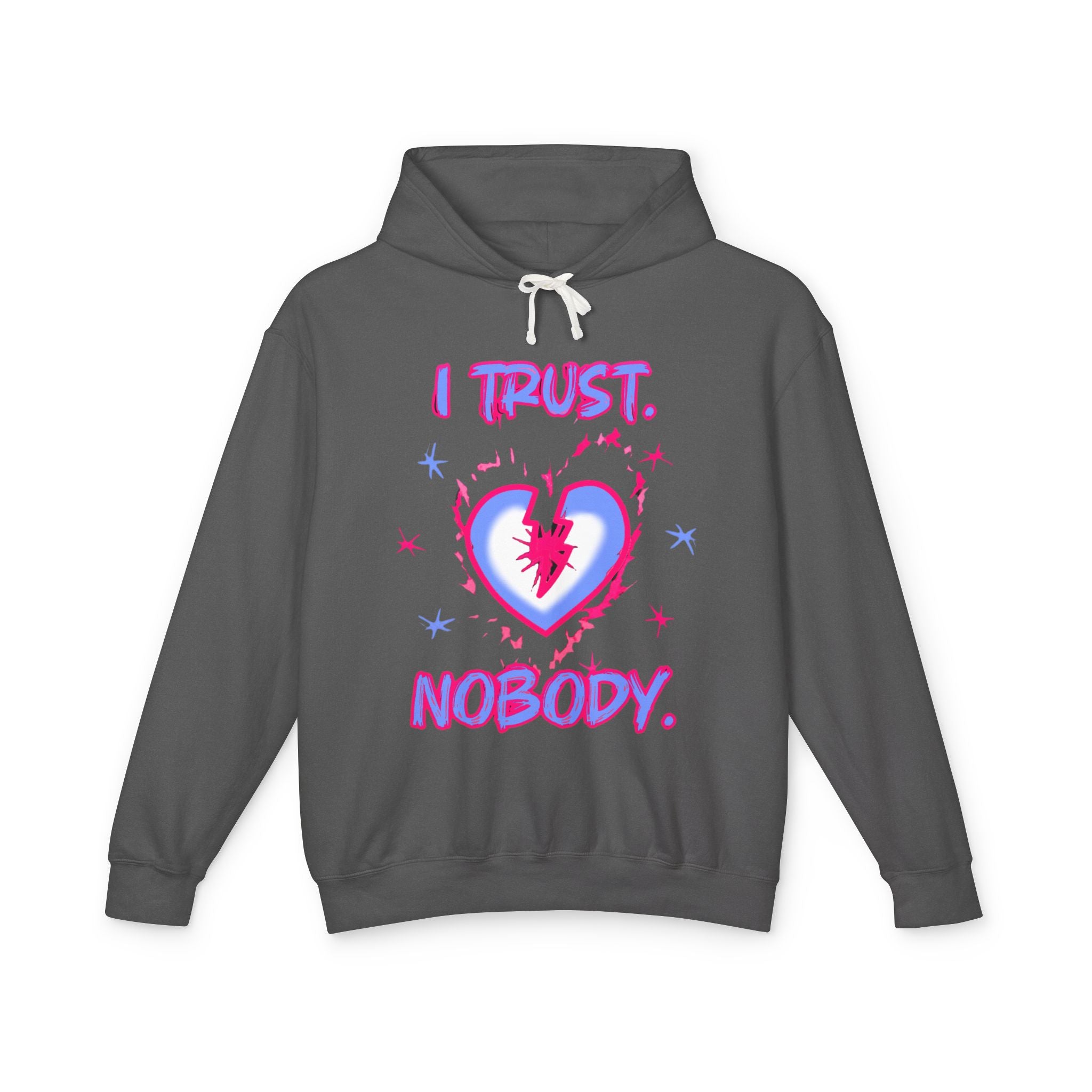 I Trust Nobody Hoodie — Neon Pink and Blue Broken Heart Graphic Hooded Sweatshirt