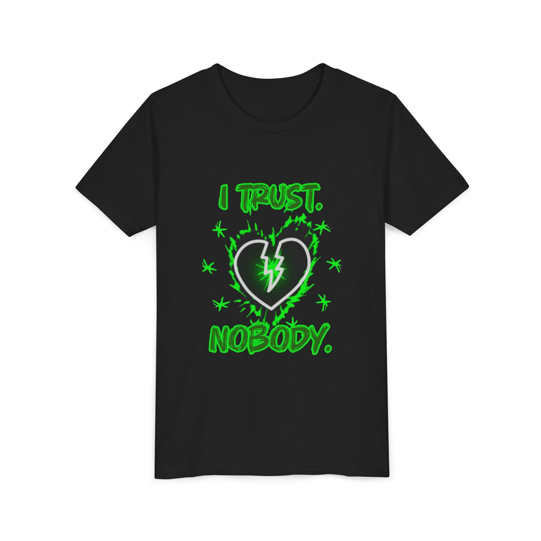 Youth Tee - 'I Trust Nobody' Neon Green Broken Heart Graphic