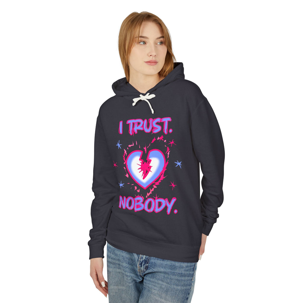 I Trust Nobody Hoodie — Neon Pink and Blue Broken Heart Graphic Hooded Sweatshirt