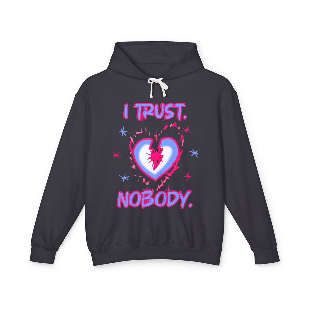I Trust Nobody Hoodie — Neon Pink and Blue Broken Heart Graphic Hooded Sweatshirt