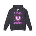 I Trust Nobody Hoodie — Neon Pink and Blue Broken Heart Graphic Hooded Sweatshirt