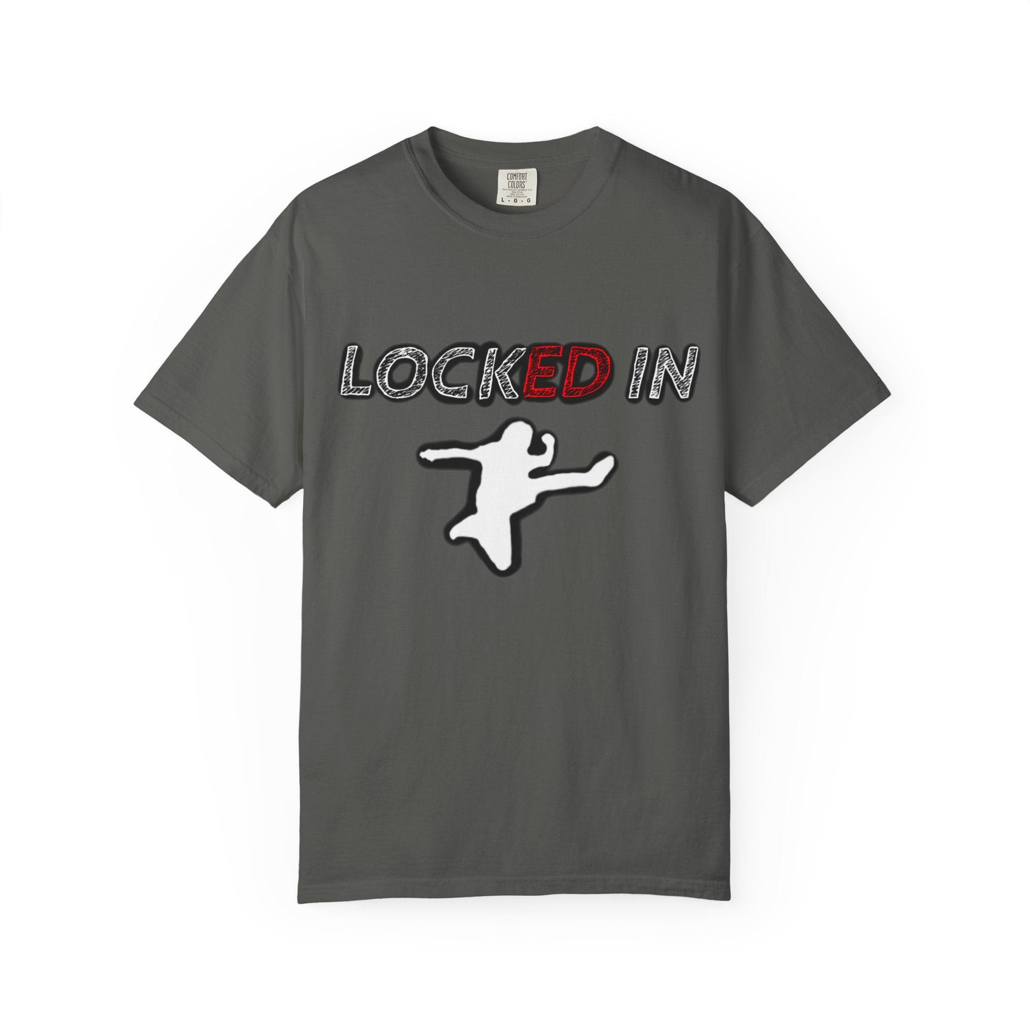 Locked In Graphic T-Shirt — "LOCKED IN" Bold Text with Silhouette & Red Star Back Design