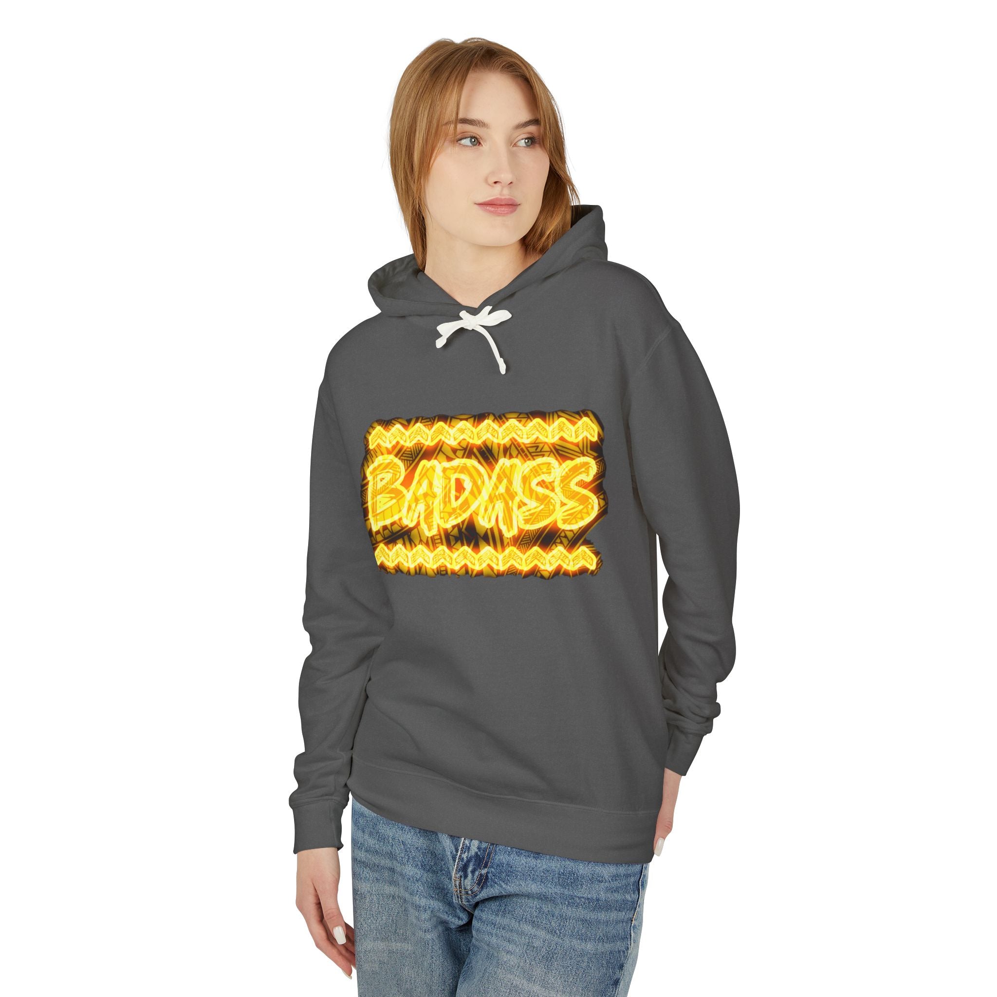 Badass Flame Graphic Hoodie — Bold Retro Fire Text Lightweight Hooded Sweatshirt