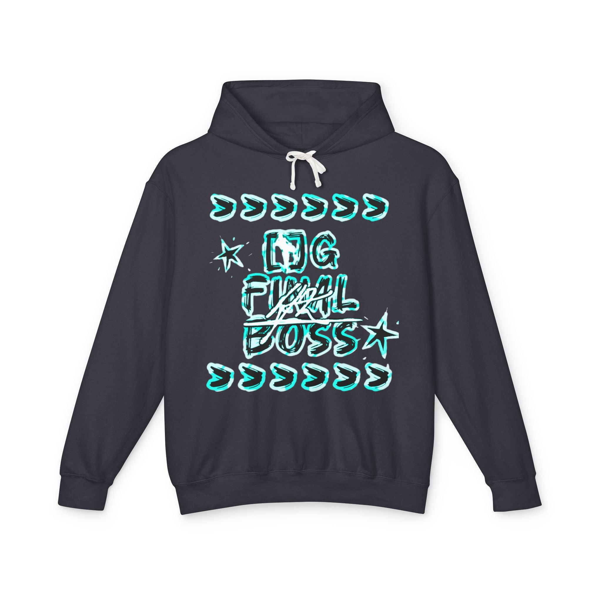 Hoodie — “OG Final Boss” Cyan Star Graphic Lightweight Hooded Sweatshirt