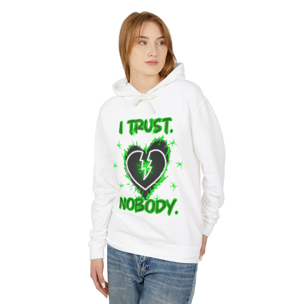 I Trust Nobody Hoodie — Neon Green Broken Heart Graphic Hooded Sweatshirt