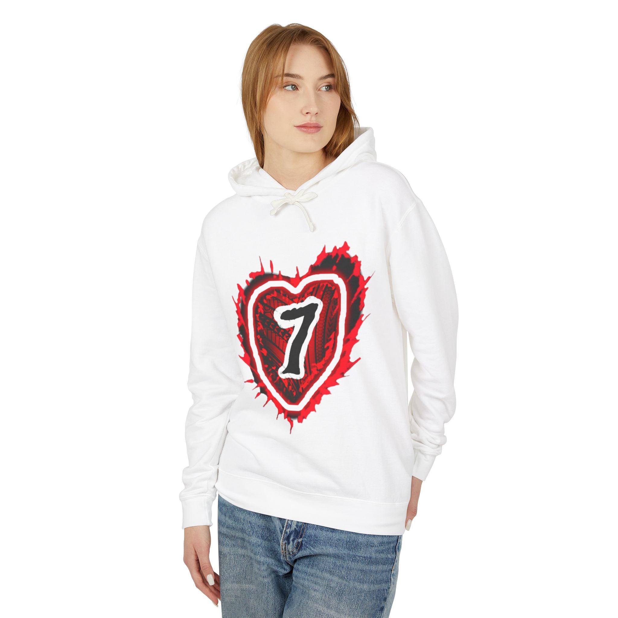 Heart Number 7 Hoodie — Red Grunge Heart Graphic Lightweight Sweatshirt